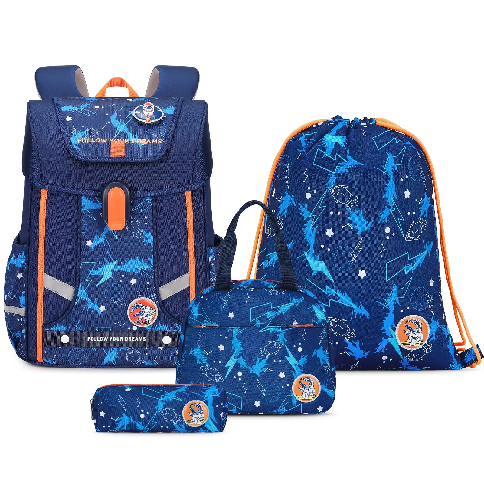 Amythe Ergo Set 4-teilig Schulranzen Jungen Ergonomischer ab 1. Klasse | Schulrucksack Jungen Rucksack Kinder mit Brustgurt, Reflektoren, Abnehmbarer Gürtel, Weltraum-Motiv