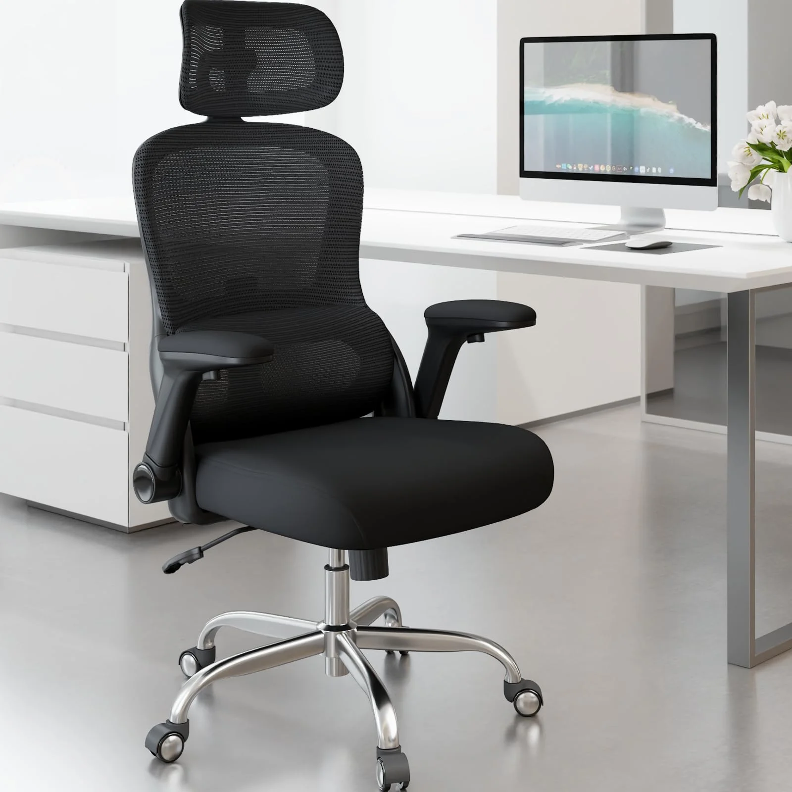 TRALT Bürostuhl Ergonomisch - Bürostuhl - Gaming Stuhl mit Verstellbare Kopfstütze Lordosenstütze Home Office Desk Chair - Schreibtischstuhl Computerstuhl für Große Menschen Mesh-Stuhl 150kg Schwarz