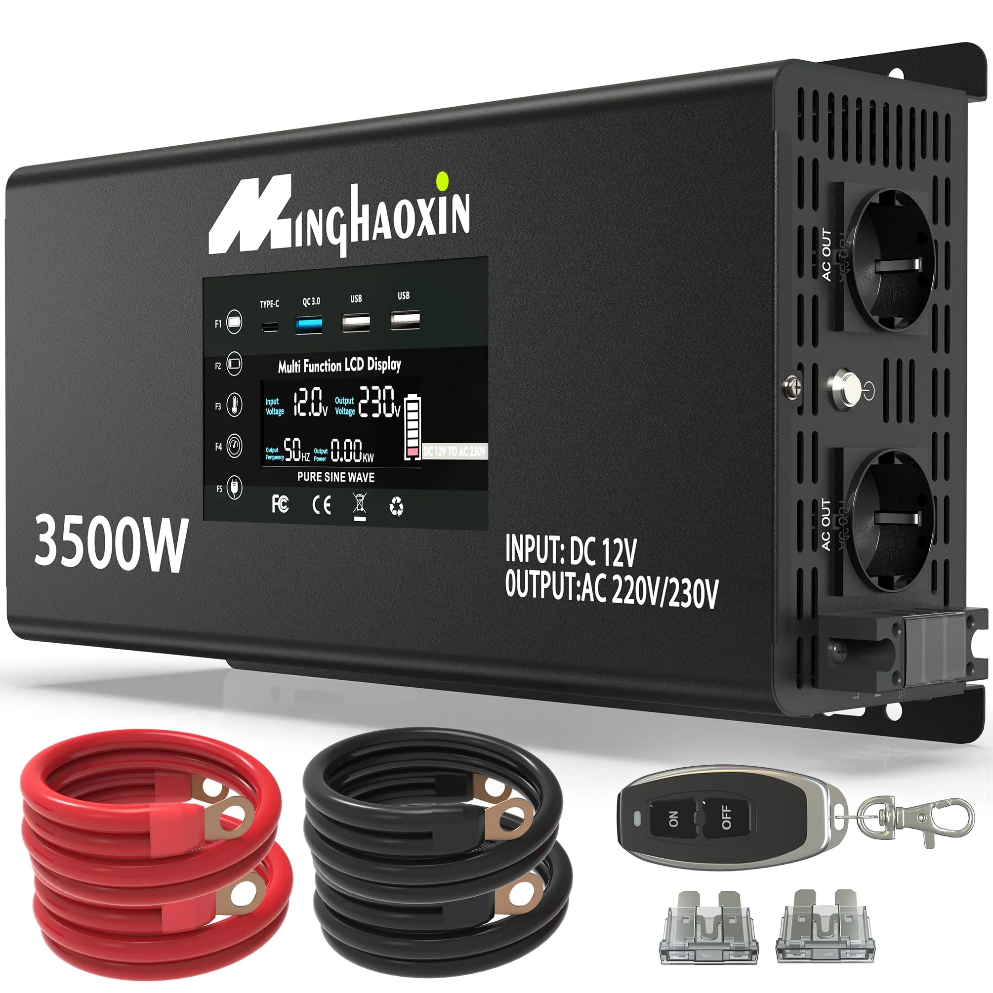 Minghaoxin Wechselrichter 3500W/7000W 12V auf 230V Reiner Sinus | Konverter mit 2 EU Steckdose, USB-A/C, LCD-Display-Fernbedienung, für Solar,Fahrzeuge,Wohnmobil(Spitzenleistung 7000 Watt)