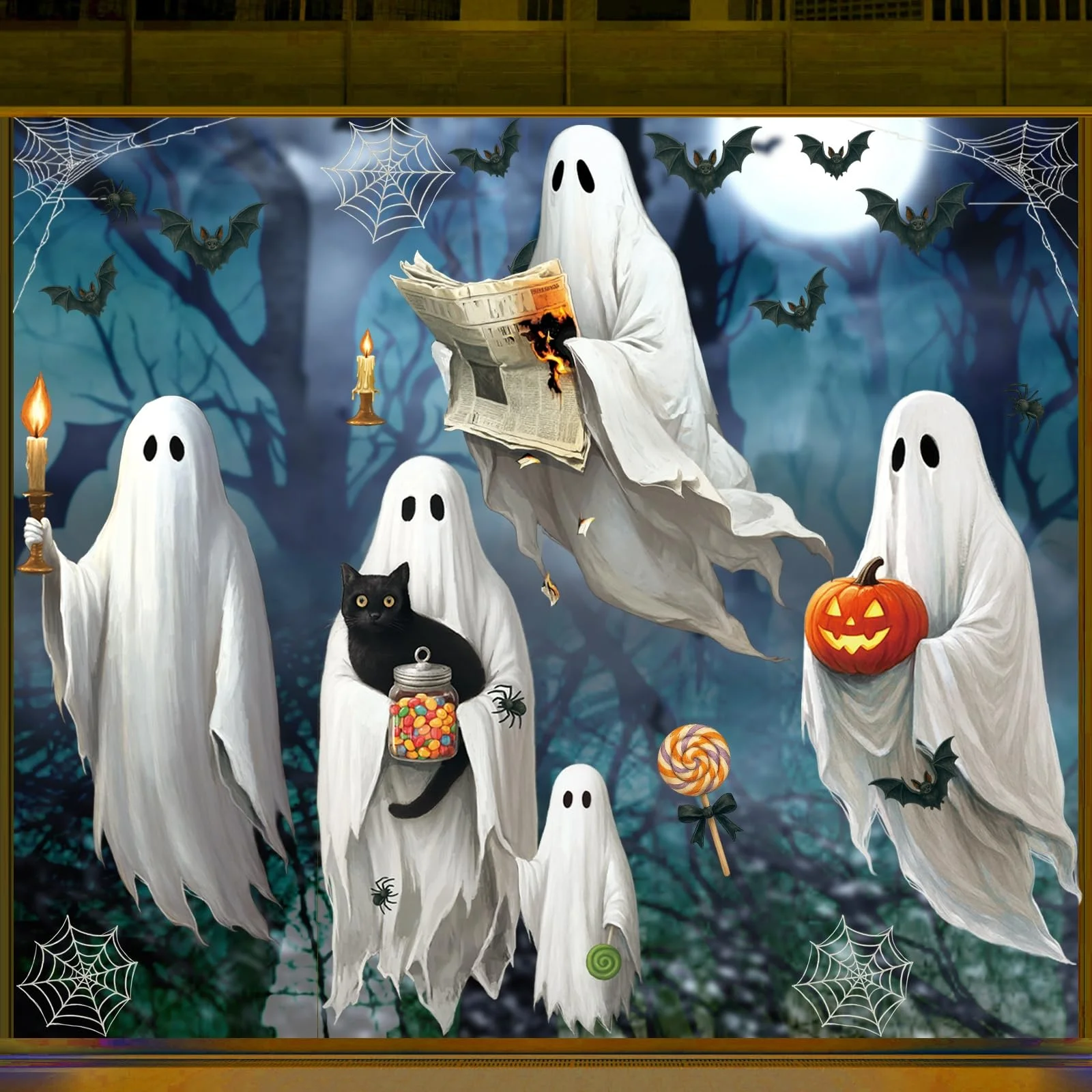AhfuLife Groß Halloween Fensterbilder Deko, 90 x 43cm, 4 Blätter Halloween Aufkleber Fensterbilder mit Geister, Kürbis, Fledermaus, Katze für Indoor Kinder Fensterdeko Party Deko