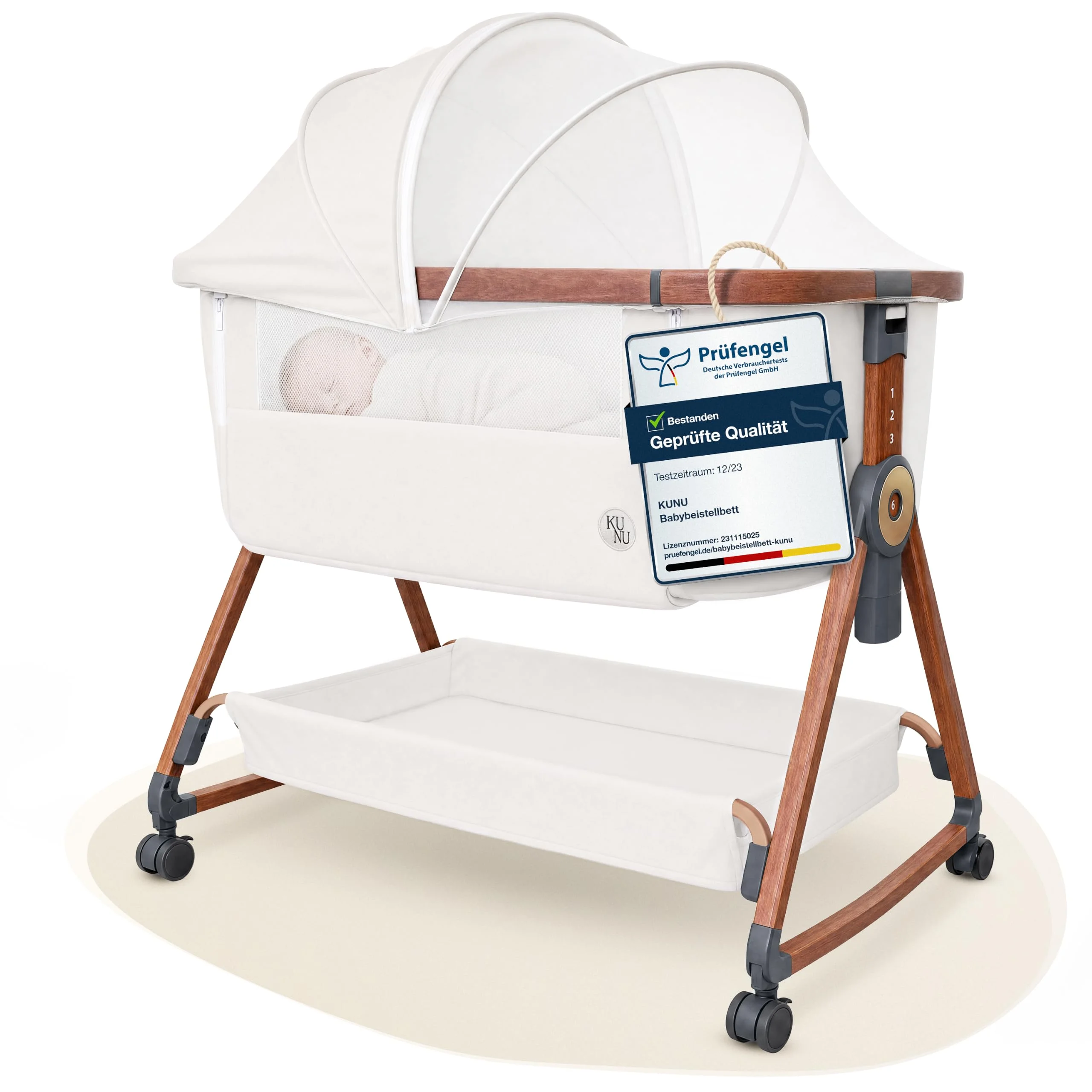 KUNU® Babybett - Beistellbett Baby mit Rollen für Boxspringbett - 3 in 1 rollbares Baby Bett Reise Babywiege - Stubenwagen mit Wiegefunktion & höhenverstellbar - Sicheres Reisebett inkl Reisetasche