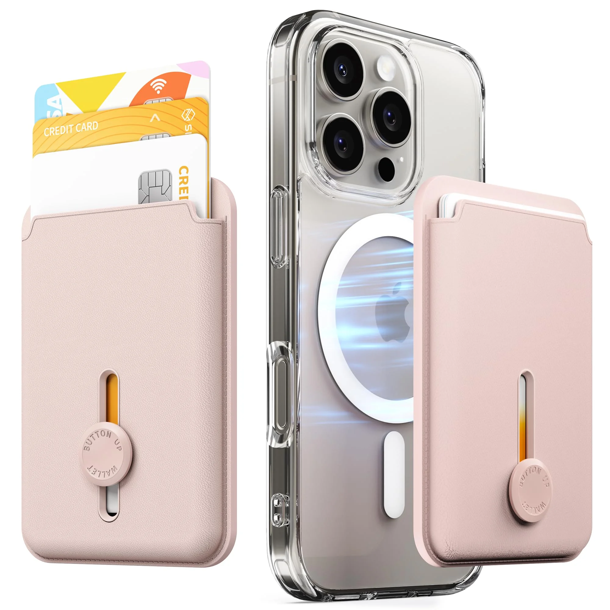 Sinjimoru MagSafe Wallet, Magnetische Kartenhalterung für bis zu 3 Karten mit Schnellzugriff per Knopfschieber, kompatibel mit iPhone 12–17, M-Viica Button Wallet Rosa Sand