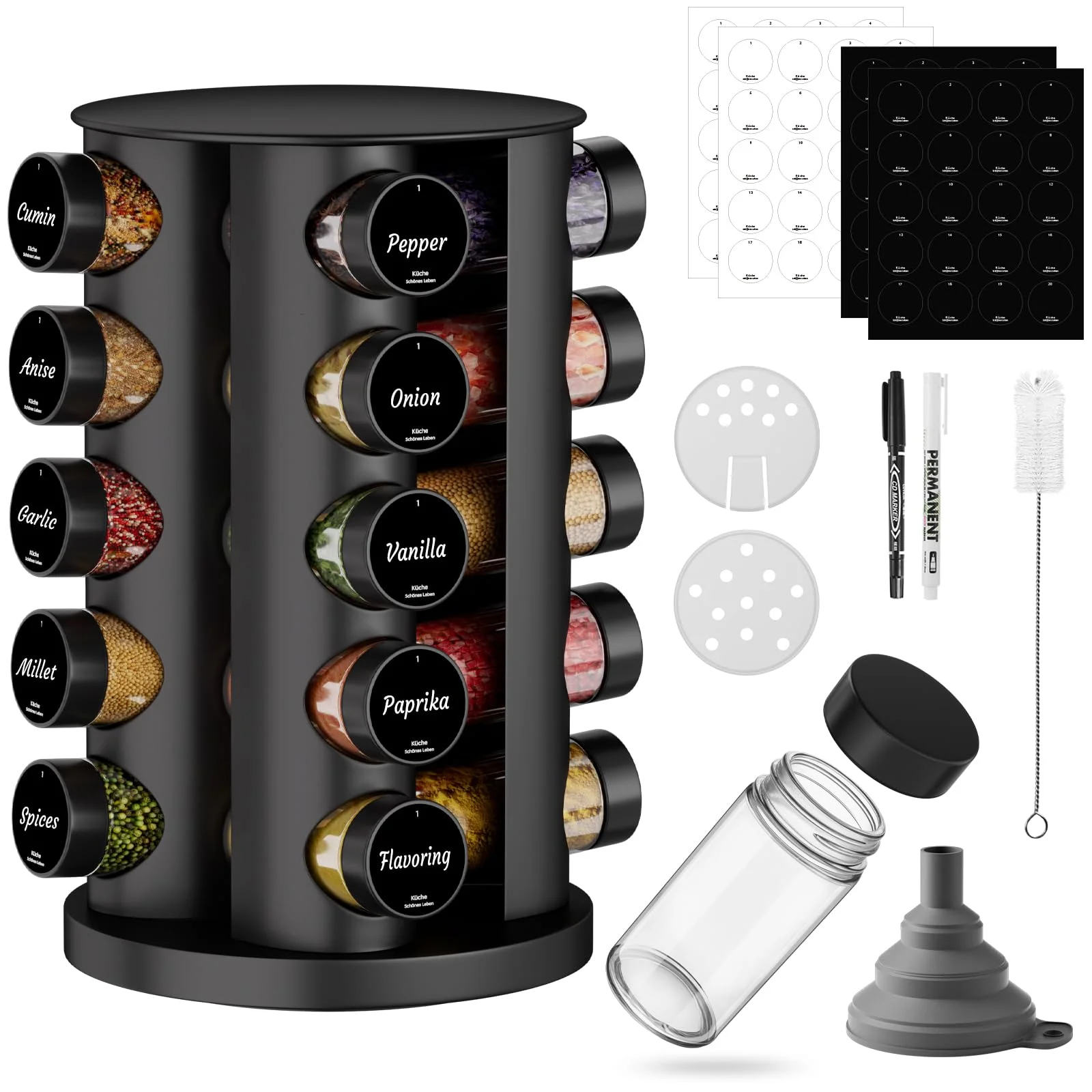 FNLLC Runder Schwarzer Gewürzregal Mit 20 Schwarzes Gewürzgläser Rund, 360° Drehbarer Edelstahl Gewürzkarussell, Gewürz Organizer,Gewürzständer Stehend, Gewürzdosen Mit Streueinsatz, Gewürzglas