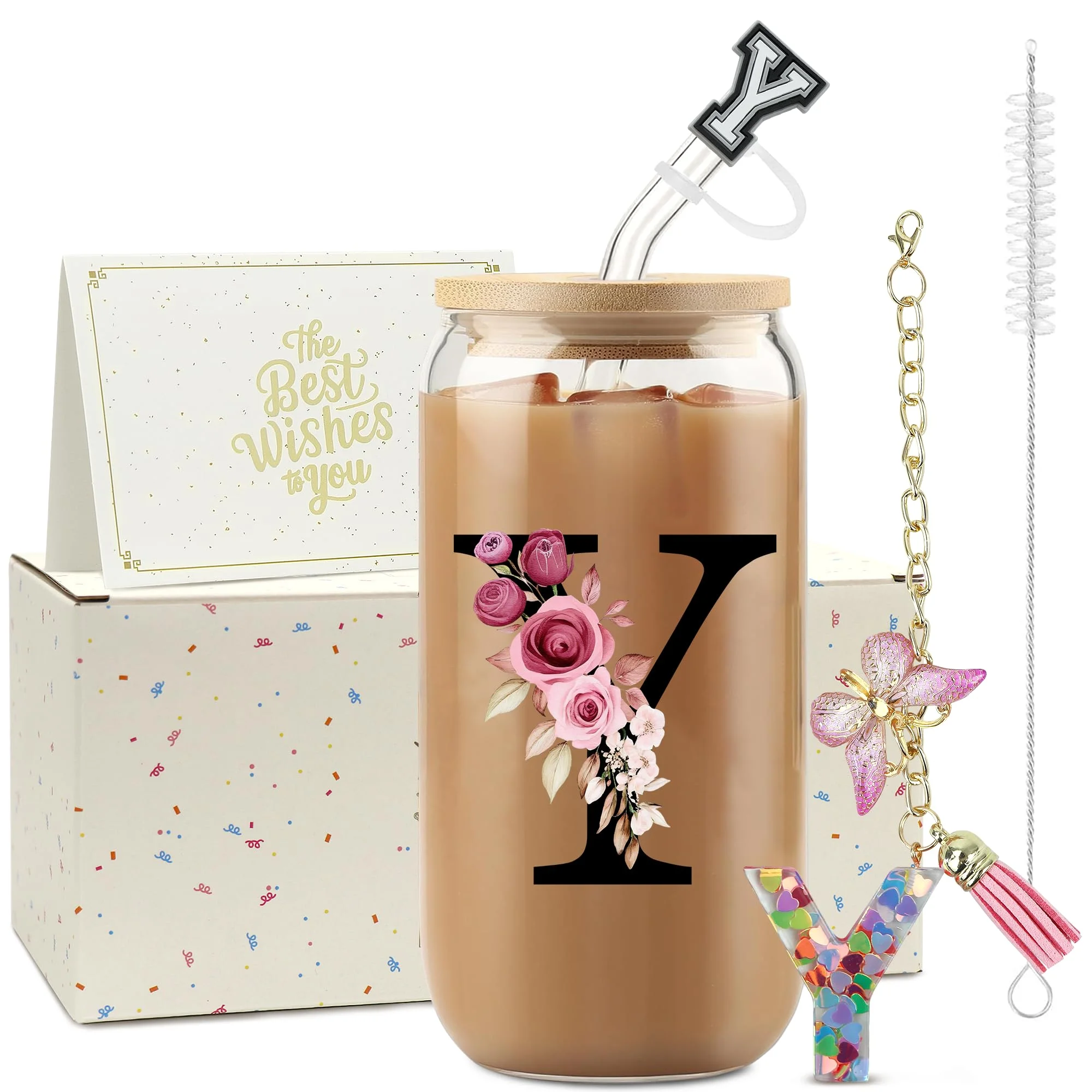 ZIOSINM Buchstaben Personalisierte Geschenke für Frauen, Glasbecher | Glasbecher mit Deckel & Strohhalm + Schlüsselanhänger Buchstabe, Geschenke für Frauen zum Geburtstag Weihnachten Valentinstag