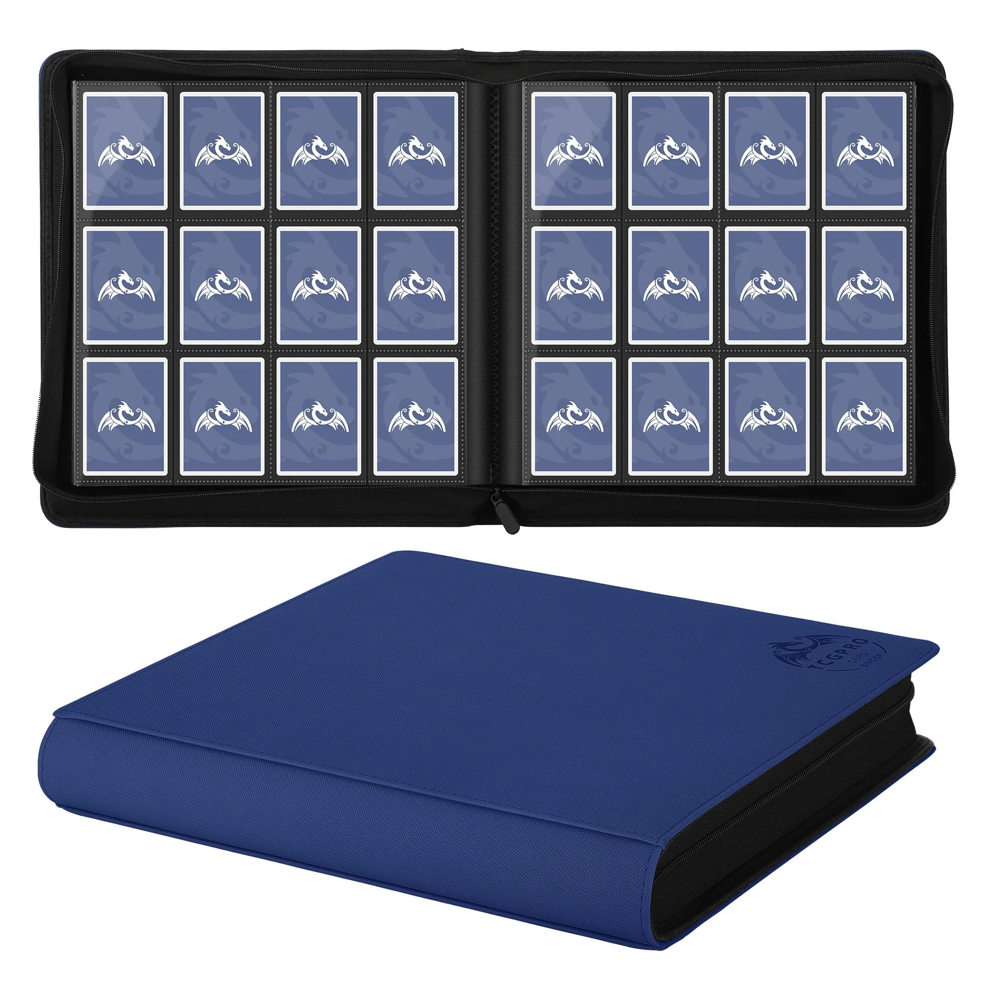 TCGPRO Sammelkarten Album 12 Fächer für bis zu 720, Karten Binder mit Reißverschluss seitlich für Standardgröße, Sammelkartenalbum für Sammelkartenspiele, Sportkarten, TCG etc. Dunkelblau