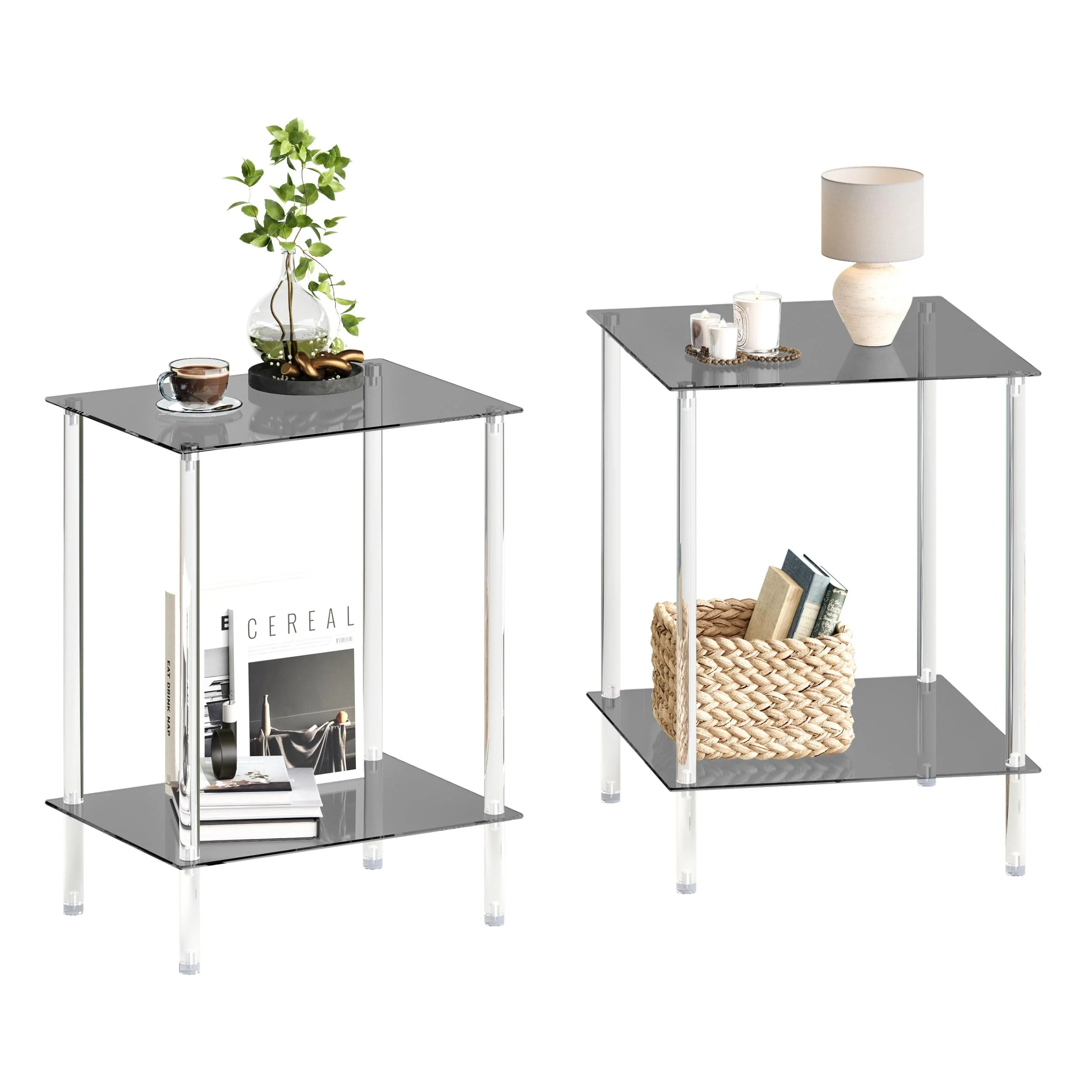 IRCPEN Kleiner Beistelltisch Glas 2er Set ET008BK | Nachttisch Glas,Beistelltisch Transparent,Glas Und Acryl Material,Geeignet Für Wohnzimmer Schlafzimmer Küche