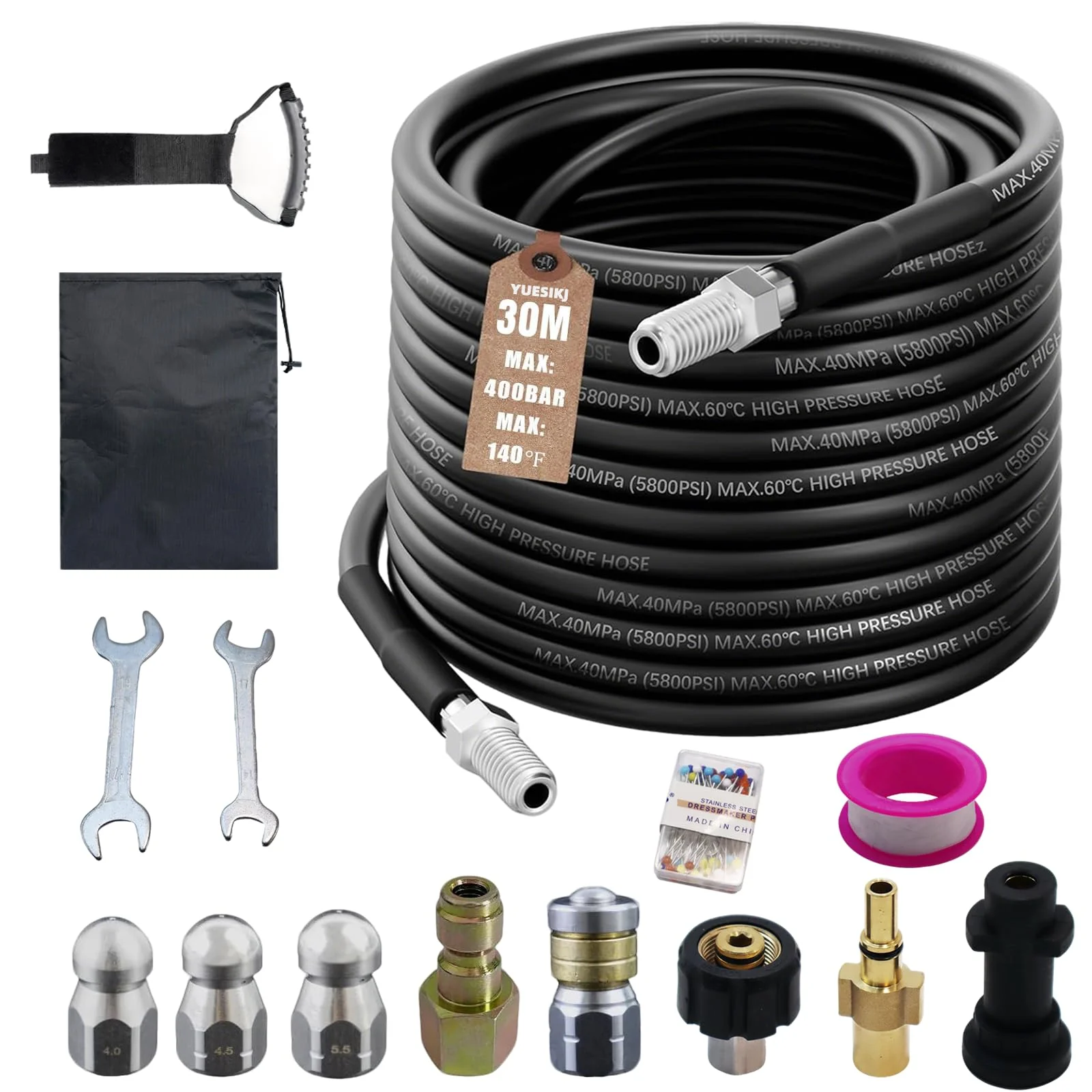 Rohrreinigungsschlauch Set 30m, 400 bar 140F, mit Adapter und Düsen, Universal Rohrreinigungsset, Kompatibel mit Kärcher k2-k7, Bosch Hochdruckreiniger, für Verstopfung und Reinigung des Abflusses