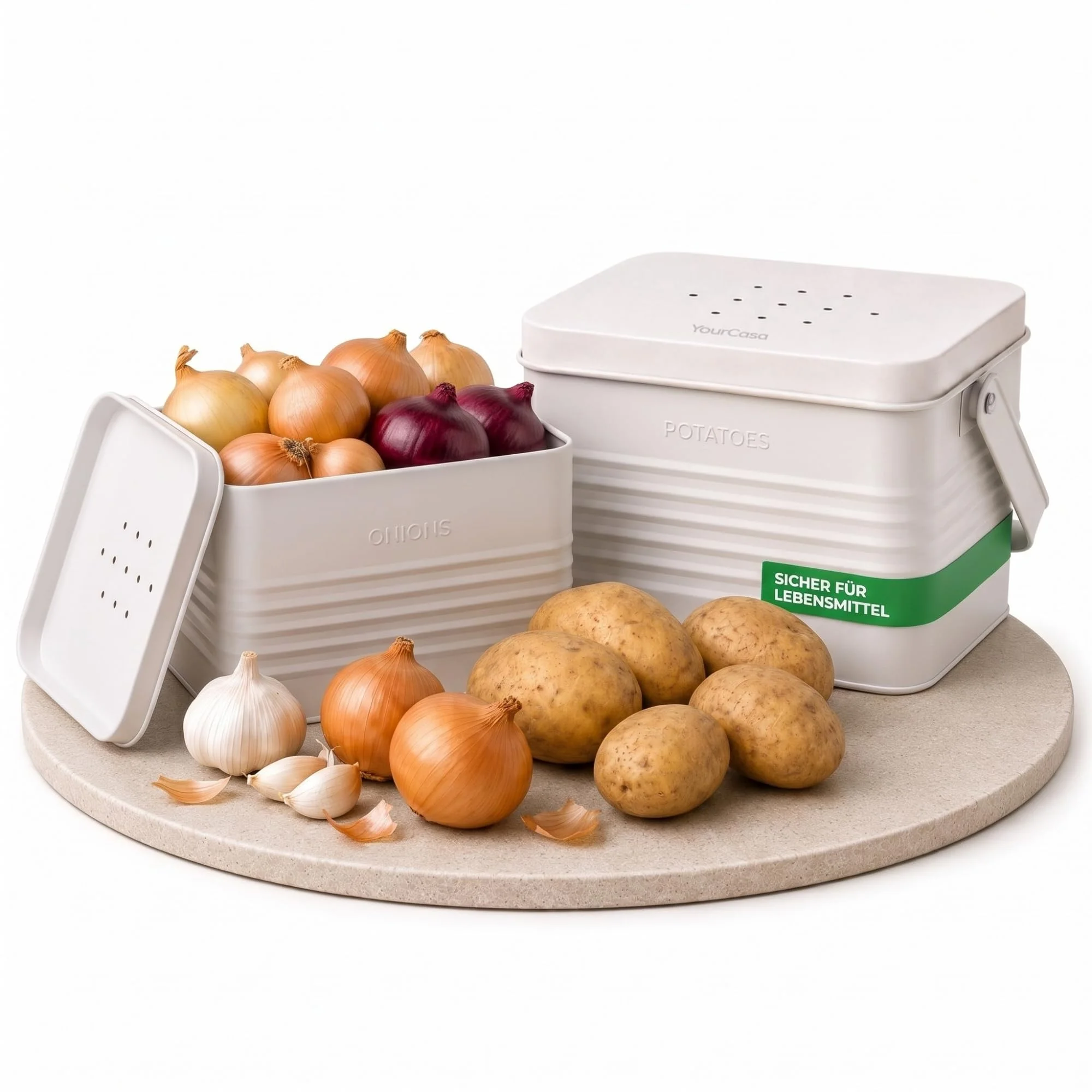 YourCasa Kartoffel Aufbewahrungsbox STORRA 2er Set & Zwiebel Aufbewahrung | Kartoffelbox (25,8×20,8×16,5cm) & Zwiebelbox (18,2×15,7×14cm) – Belüftung, Retro-Metall, lebensmittelecht