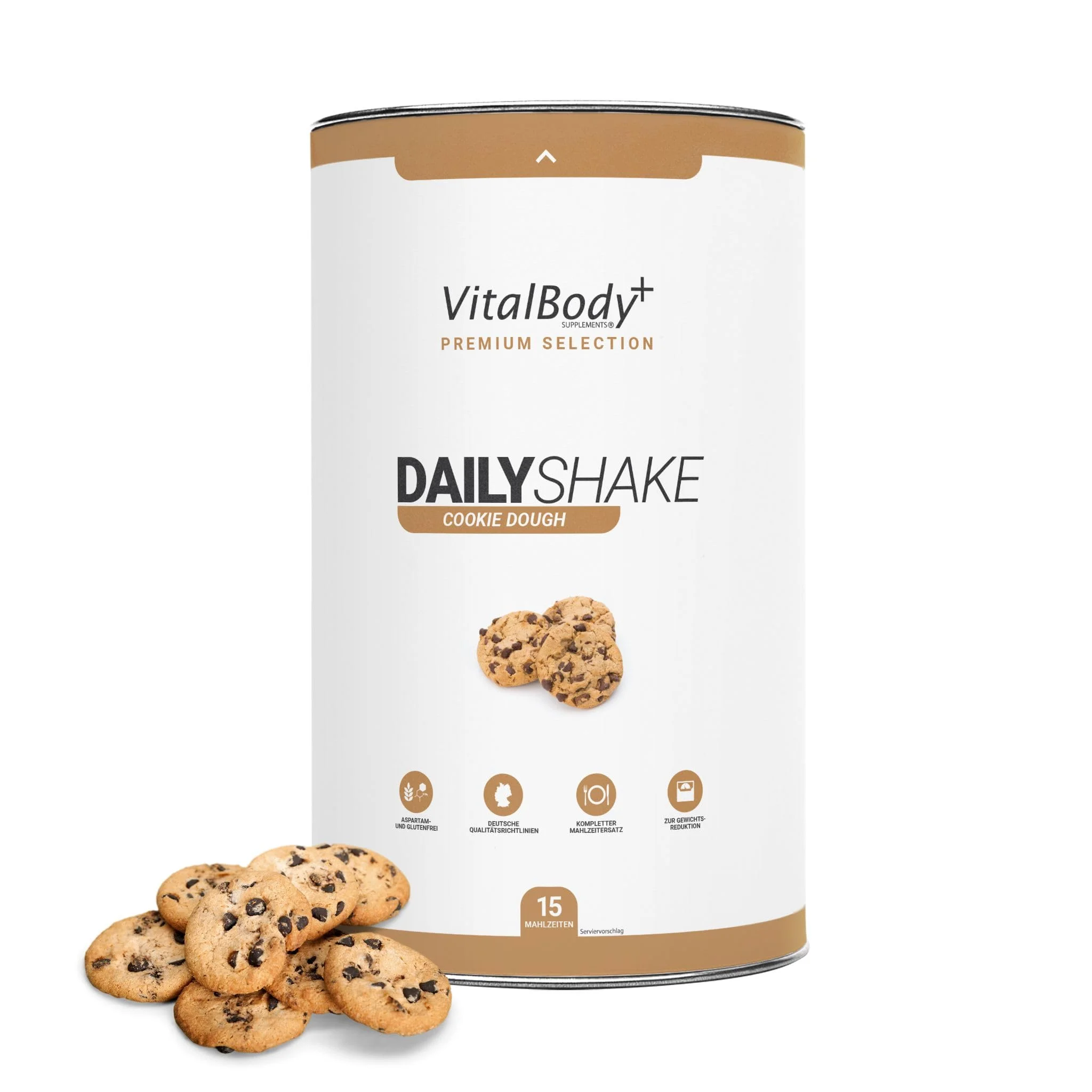 VitalBody+ DailyShake Cookie Dough, 450 g, Mahlzeitenersatz, 15 Mahlzeiten | Mahlzeitenersatz-Shake zum Abnehmen, nur 250 kcal pro Shake, vollwertig & kalorienarm ersetzen