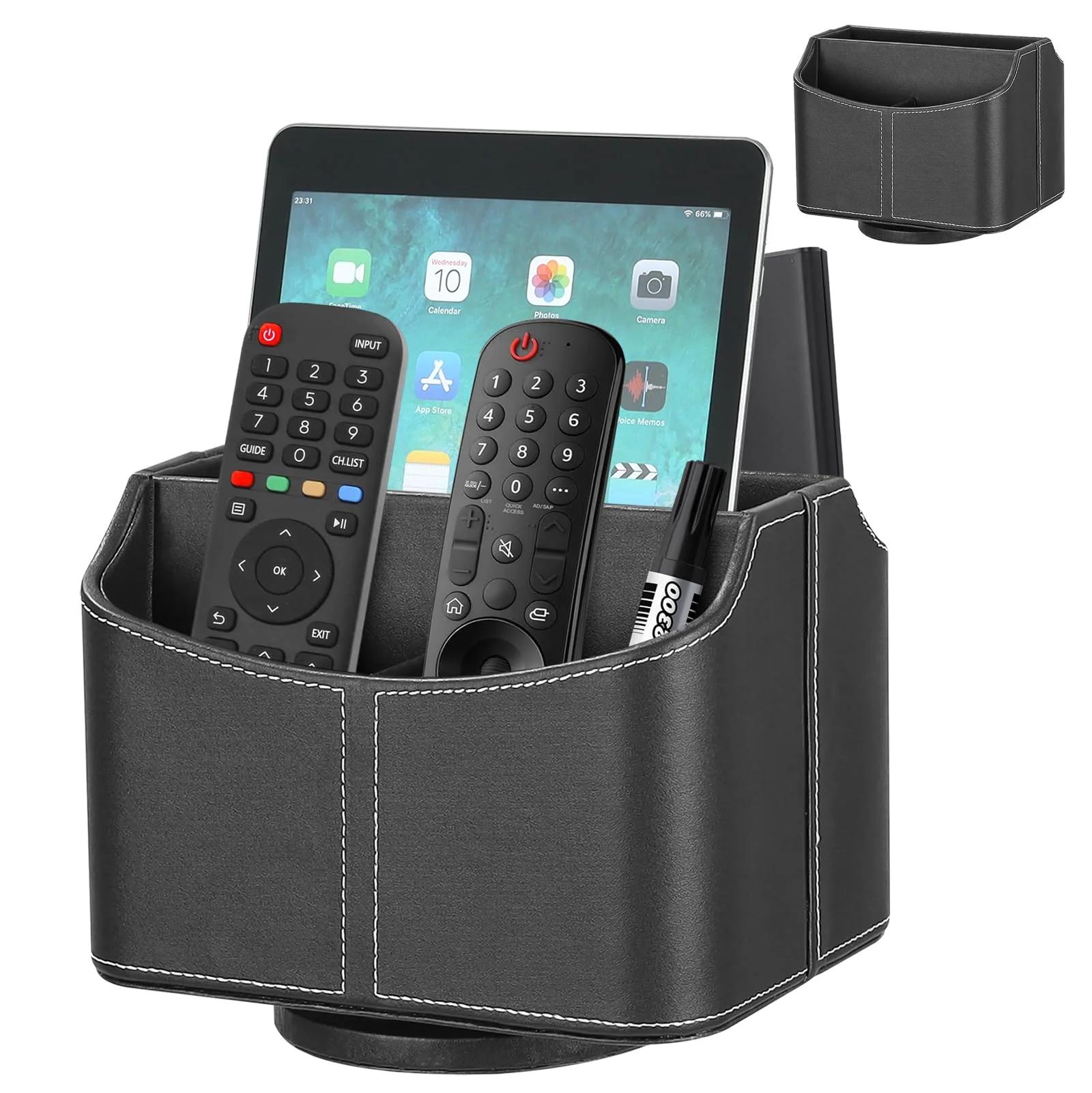 Esilihom Fernbedienungshalter, TV-Fernbedienungshalter, PU-Leder, 360 Grad drehbar, 5 Fächer, Schreibtisch-Organizer für Brillen, Stifte, Bleistifte, Scheren, Make-up-Pinsel, Schwarz