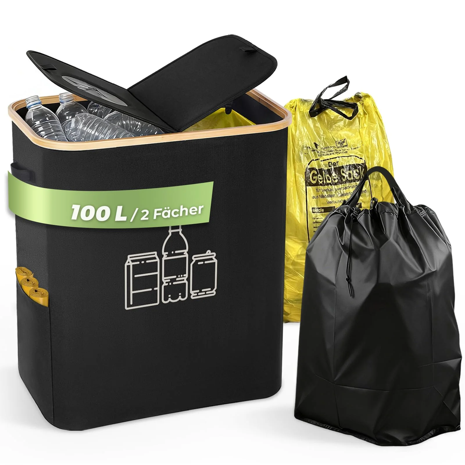 Biigdan 100L Gelber Sack Ständer mit Pfandflaschen Sammelbehälter, Für 60L-120L Gelber Sack, Gelber Sack Mülleimer mit Deckel& 2 Tragetasche,Müllsystem für Küche & Haushalt - Schwarz