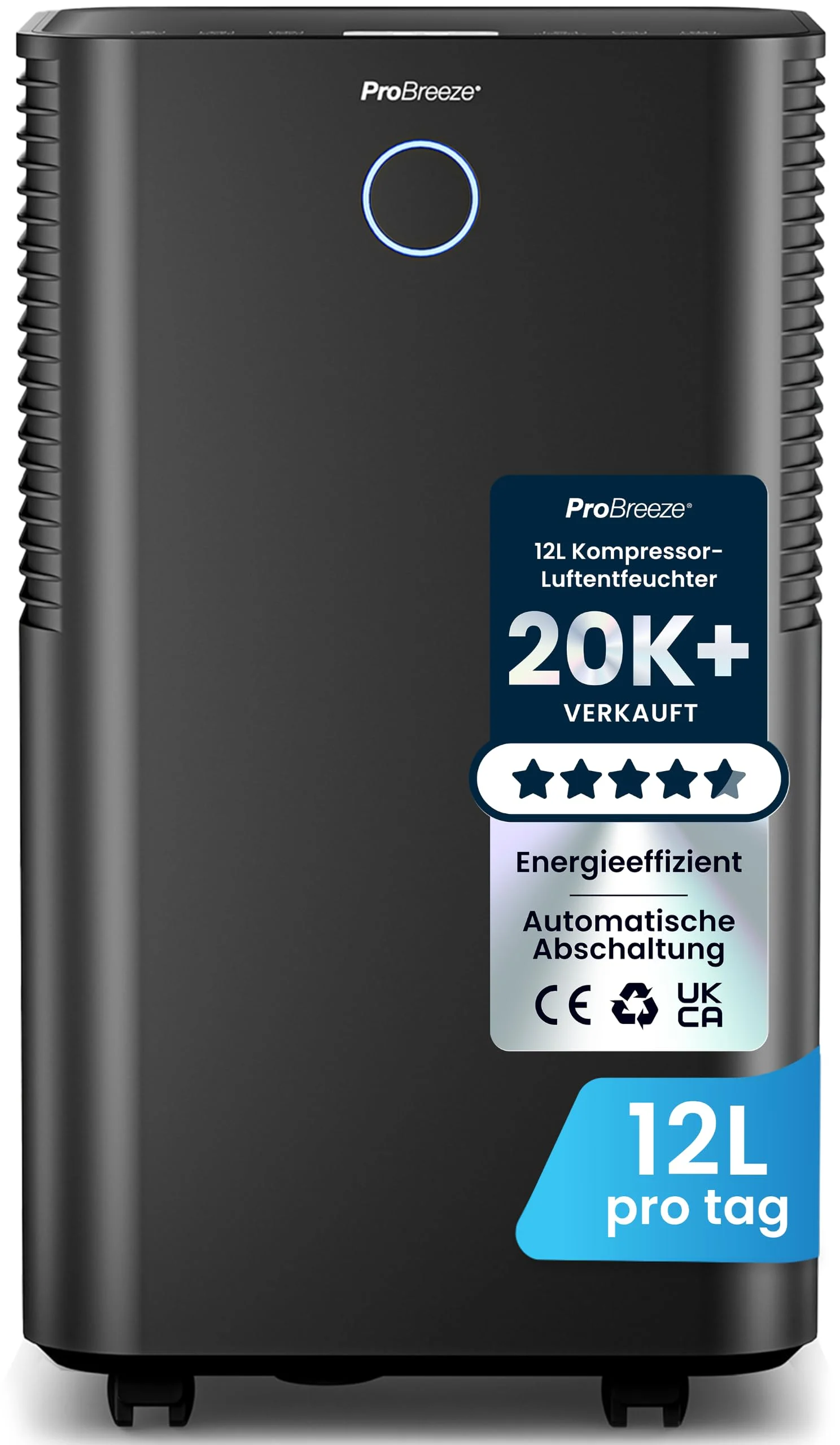 Pro Breeze OmniDry Luftentfeuchter 12L in 24h Entfeuchtungsleistung - Luftentfeuchter elektrisch, Feuchtigkeitssensor, Ablaufschlauch, Digitalanzeige, Schlafmodus, Timer - Gegen Feuchtigkeit, Schimmel