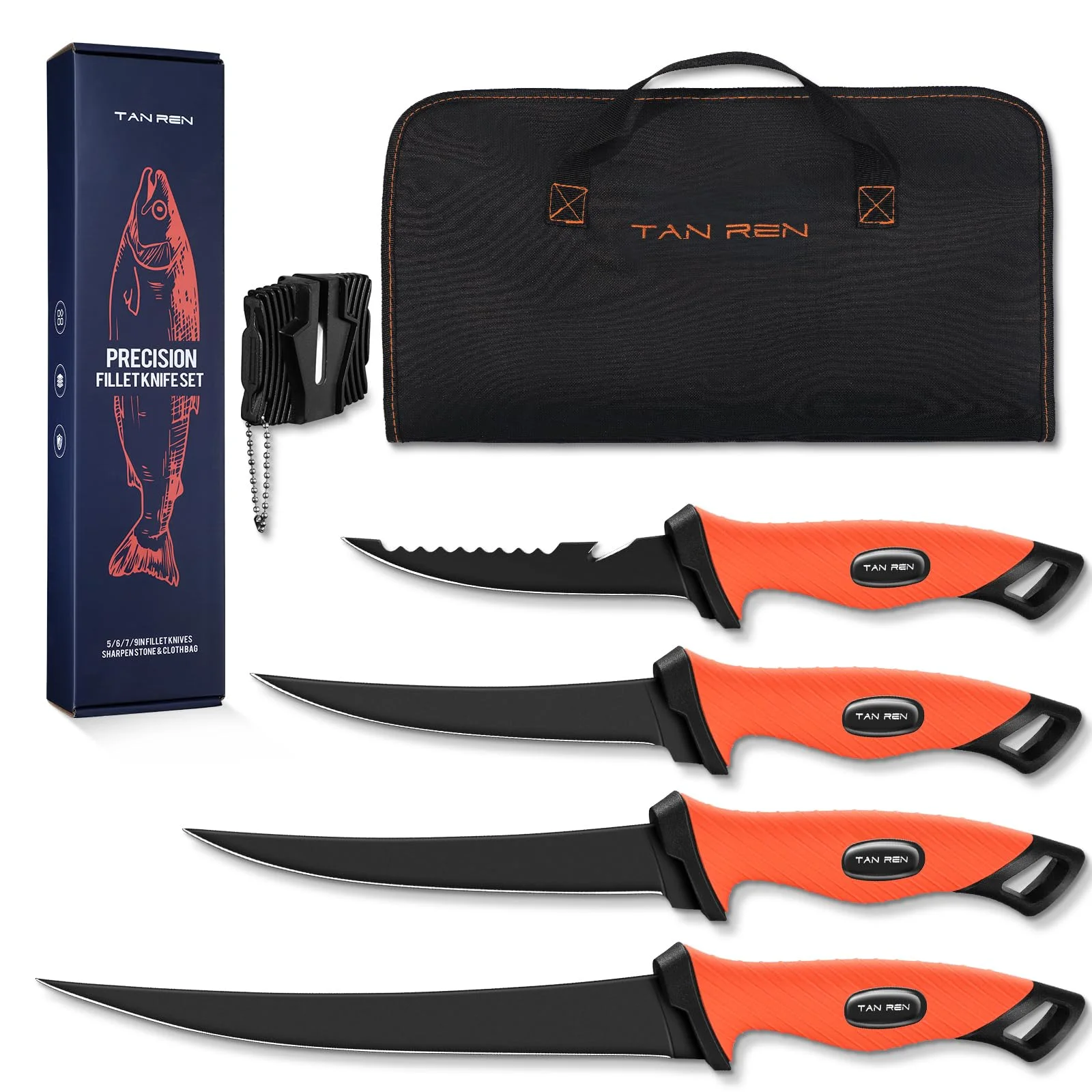 TAN REN Filetiermesser Fisch Set, Fischmesser mit Anti-Rutsch-Griff, Filetiermesser Fleisch Set mit Mit Tasche und Messerschärfer, Full Tang Angelmesser Outdoor-Messer, Geschenk für Männer