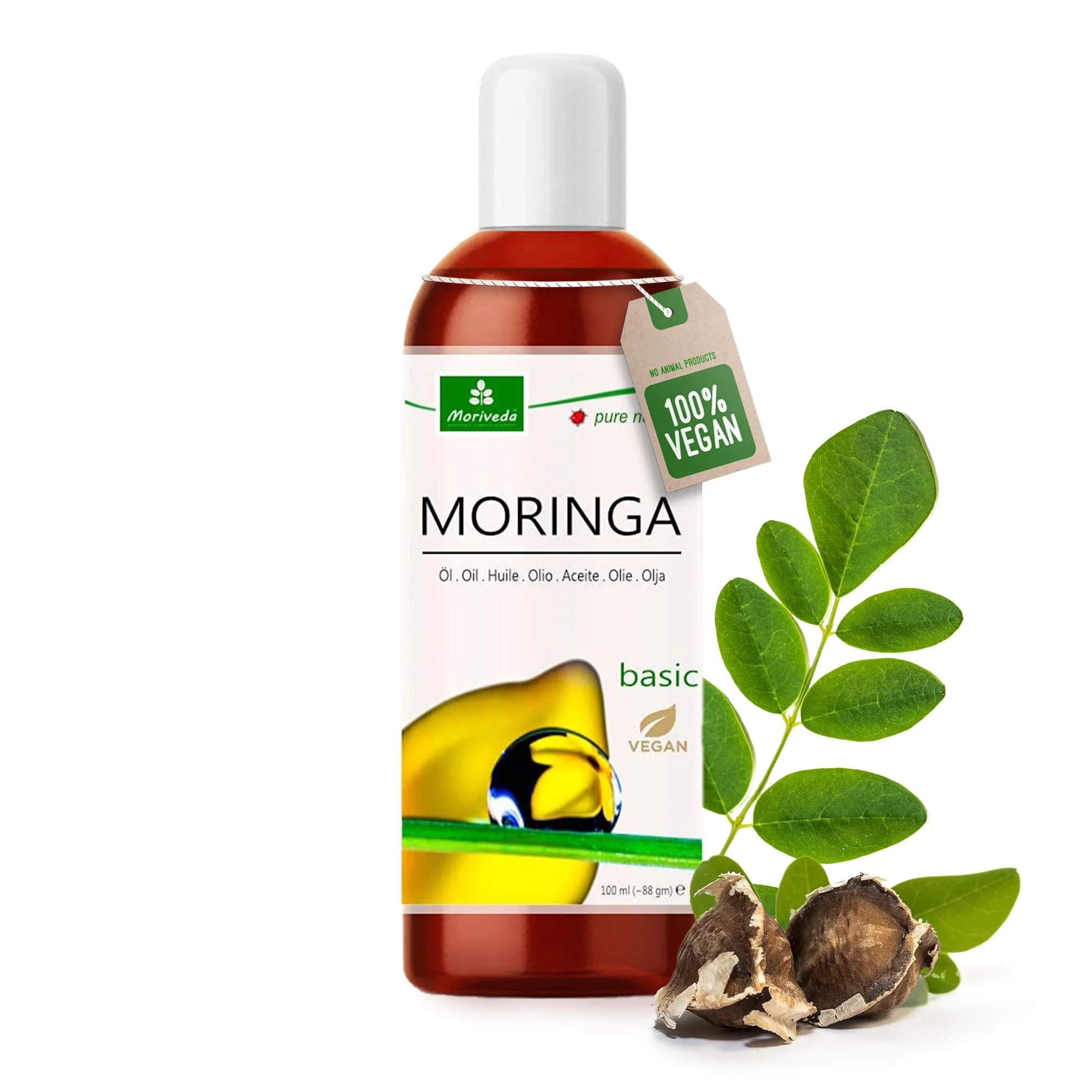 MoriVeda® - Moringa Öl Basic 100ml von MoriVeda, gepresst aus Oleifera Samen und Schoten, für Hautpflege, Haarpflege, Wundpflege, Anti-Aging Behenöl (1x100ml)