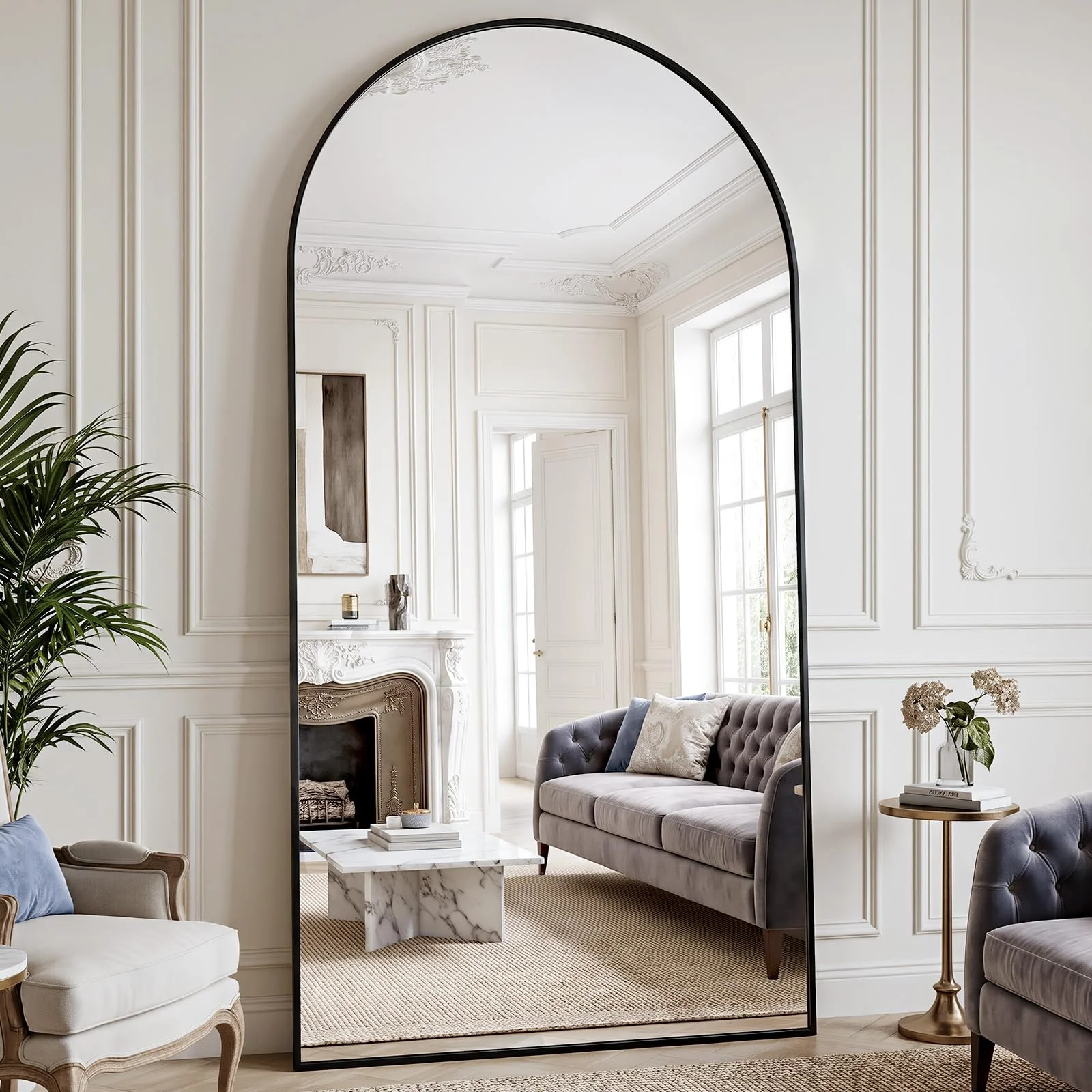 XRAMFY Ganzkörperspiegel, 218x102 cm Gewölbter Standspiegel hängend oder lehnend an die Wand, Rahmen aus Aluminiumlegierung, Hartglas Spiegel Groß für Schlafzimmer, Wohnzimmer, Garderobe, Schwarz