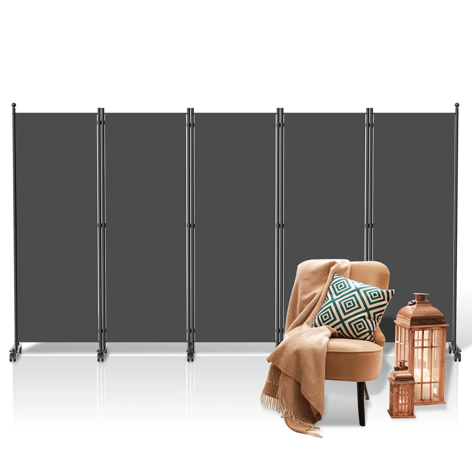 Fiqops Paravent Outdoor,Raumteiler auf Rollen 5-teilig 284x181 cm, Wetterfester Paravent für Outdoor & Büro - Anthrazit