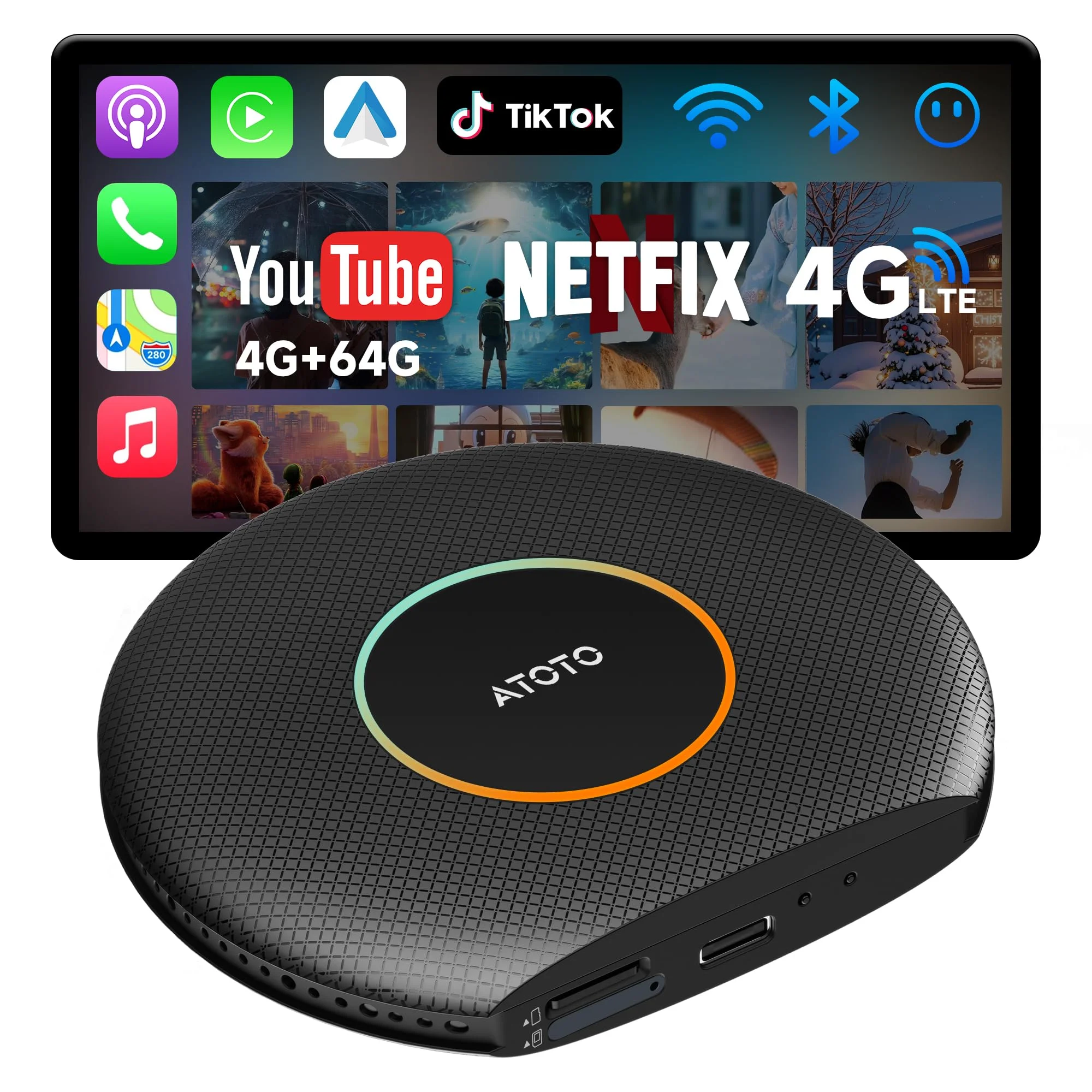 Wireless Carplay Adapter, 4G LTE AI Box Carplay, Vollständiges Android-OS | AI Box Android Auto 4GB+64GB, für YouTube/Netflix, unterstützt DriveChat AI, Bluetooth-Schloss, GPS, TrackHU-Routenverfolgung