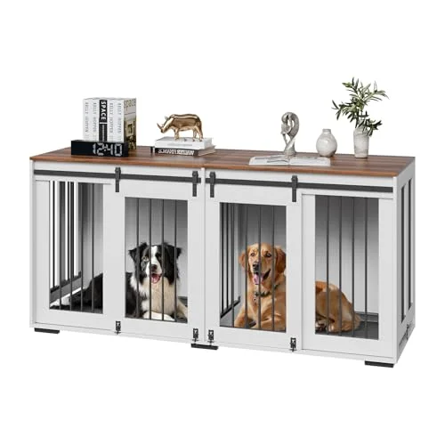 VEVOR Doppel-Hundebox Möbel für 2 Hunde, 180x60x86 cm, Stahlrahmen, Doppel-Hundebox für kleine, mittelgroße & große Hunde, weiß