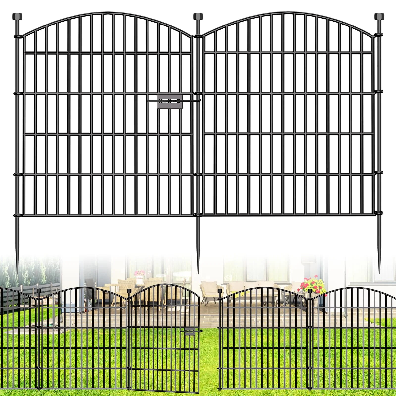 15 Paneele Dekorative Gartenzaun mit Tür, 80 cm (H) x 7,7 m (L) Steckzaun | Hundezaun für Außenbereich im Garten, rostfreie Tierbarriere mit Bodenankern für Hof, Terrasse, Blumenbeet