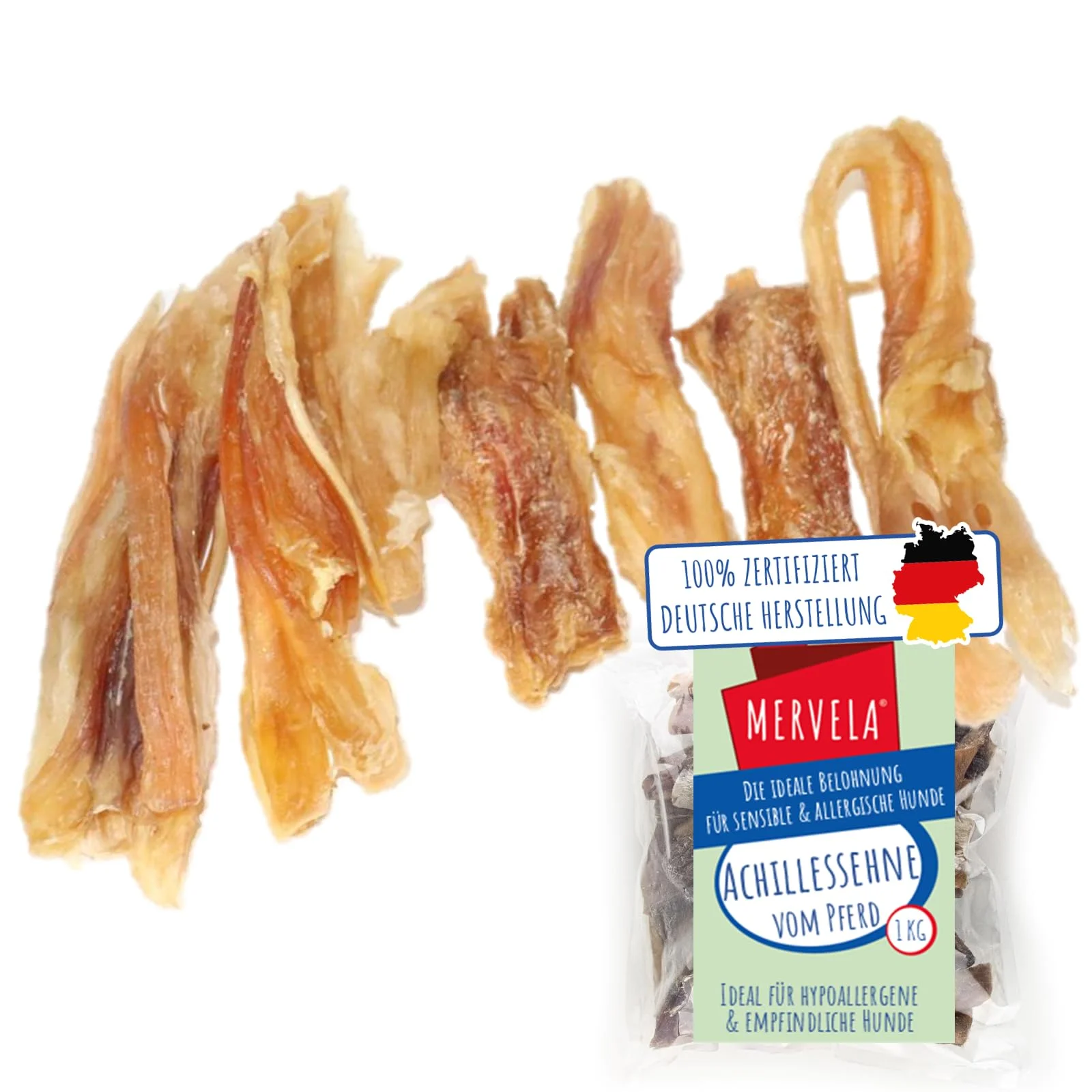 MERVELA Pferd Achillessehne | 100% Pferd pur | 1 Stück | Sehne Achillessehne vom Pferd | Qualität aus Deutschland | ideal für allergische und Sensible Hunde