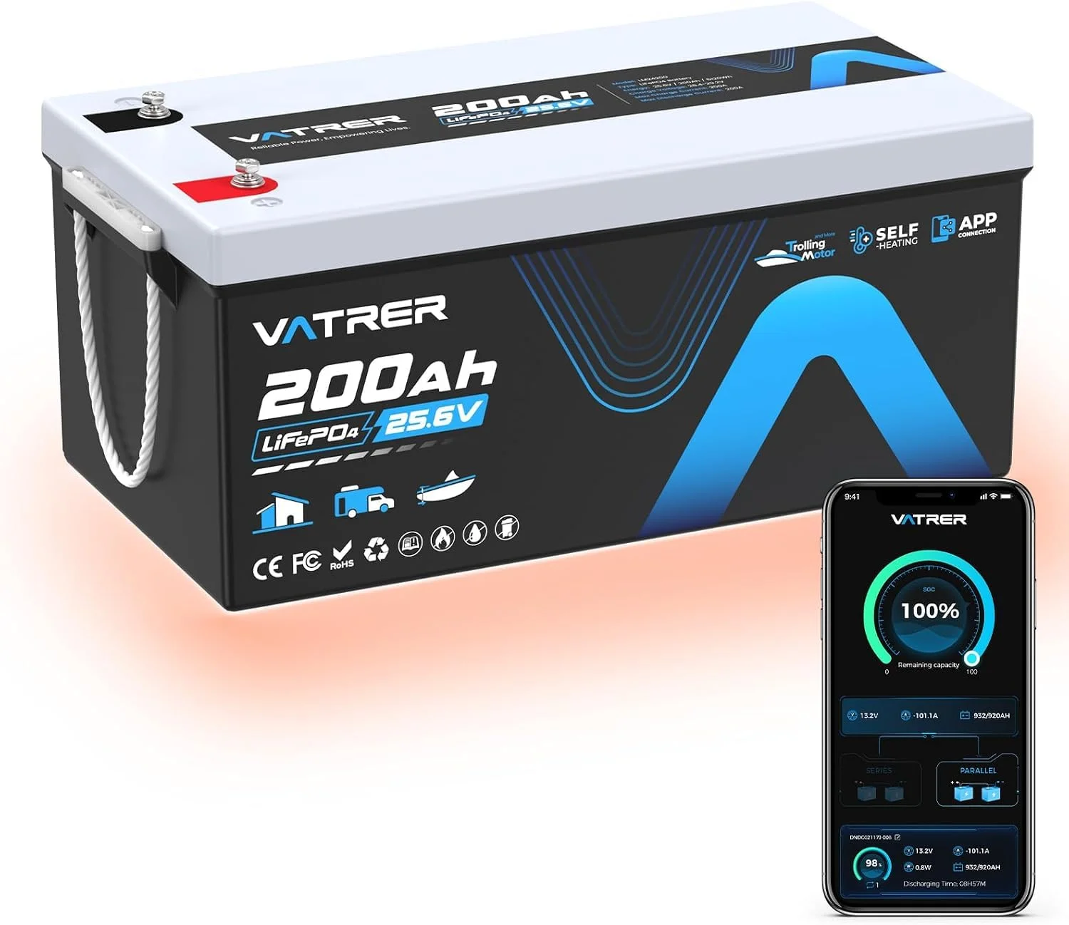 VATRER POWER 24V 200Ah LiFePO4 Batterie mit Selbstheizung | 200A BMS, Bluetooth App, Laden bis -20 °C, 5000+ Zyklen, ideal für Wohnmobil, Solar, Off-Grid und Energiespeicher