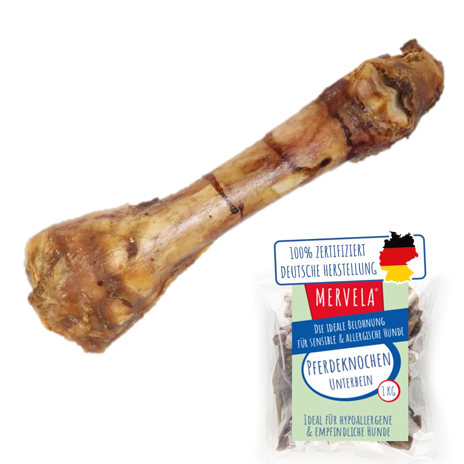 MERVELA Pferdeknochen Unterbein | 100% Pferd pur | 1 Stück | Knochen vom Pferd getrocknet | Qualität aus Deutschland | ideal für hypoallergene, allergische und Sensible Hunde