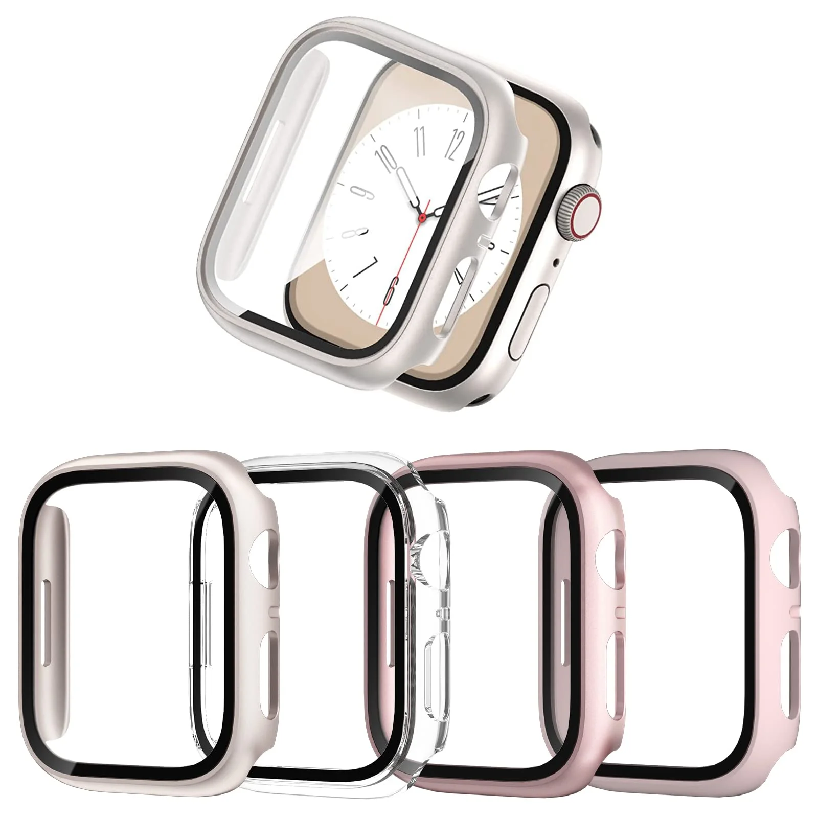 JZK 4-Stück Schutzhülle für Apple Watch Series 9/8/7 45mm, Hart PC Ultradünne Gehäuse Hülle Eingebaut Kratzfest Gehärtetes Glas Schutzfolie für iWatch 9/8/7 45mm, Klar/Roségold/Rosa/Sternlicht