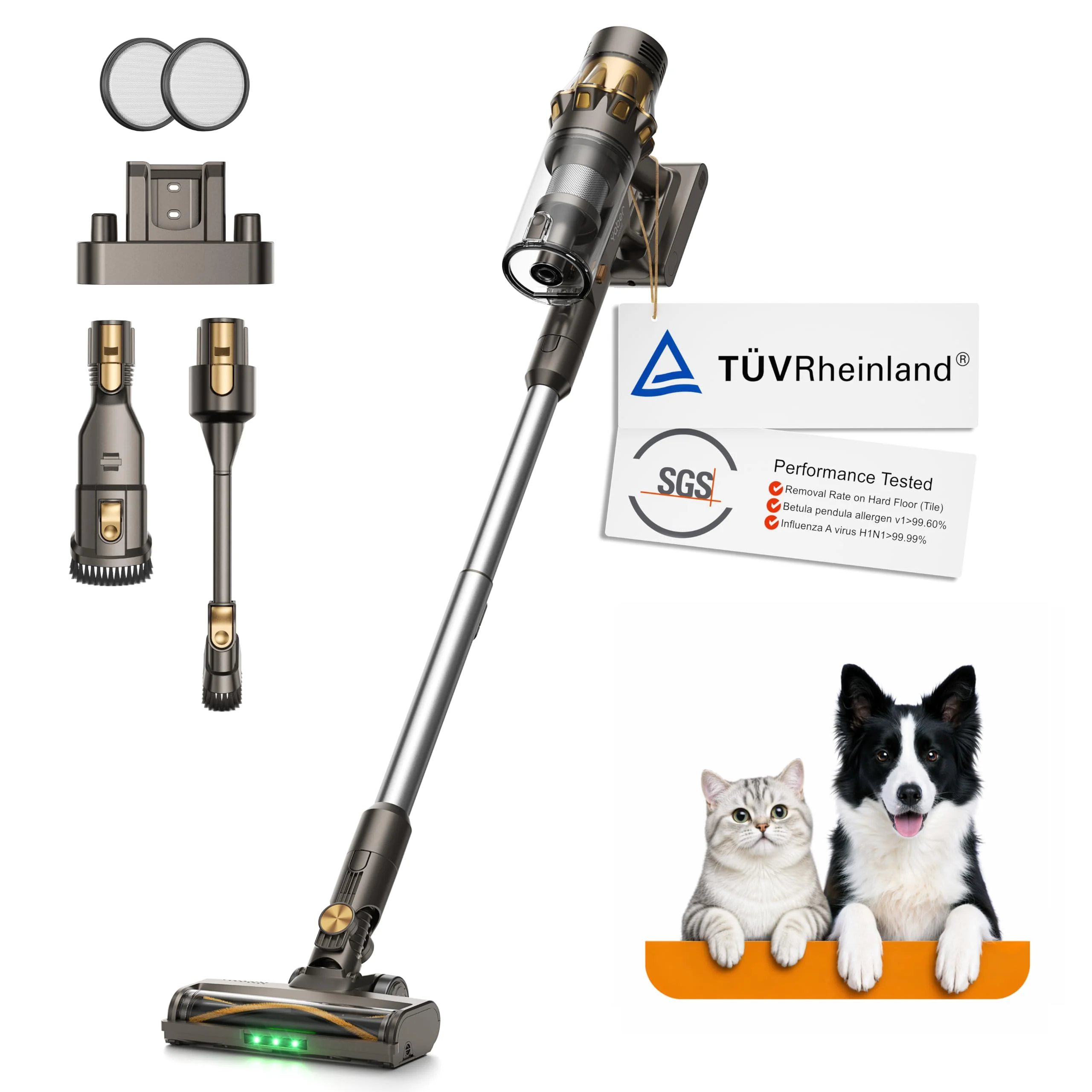 Yaber Home HP20 Akku Staubsauger, TÜV Getestet 180AW, H13 HEPA, Grünes LED | Kabelloser Staubsauger mit KI Stauberkennung für Tierhaare, Teppiche & Hartböden; Wandhalterung mit Ladefunktion & Fugendüse