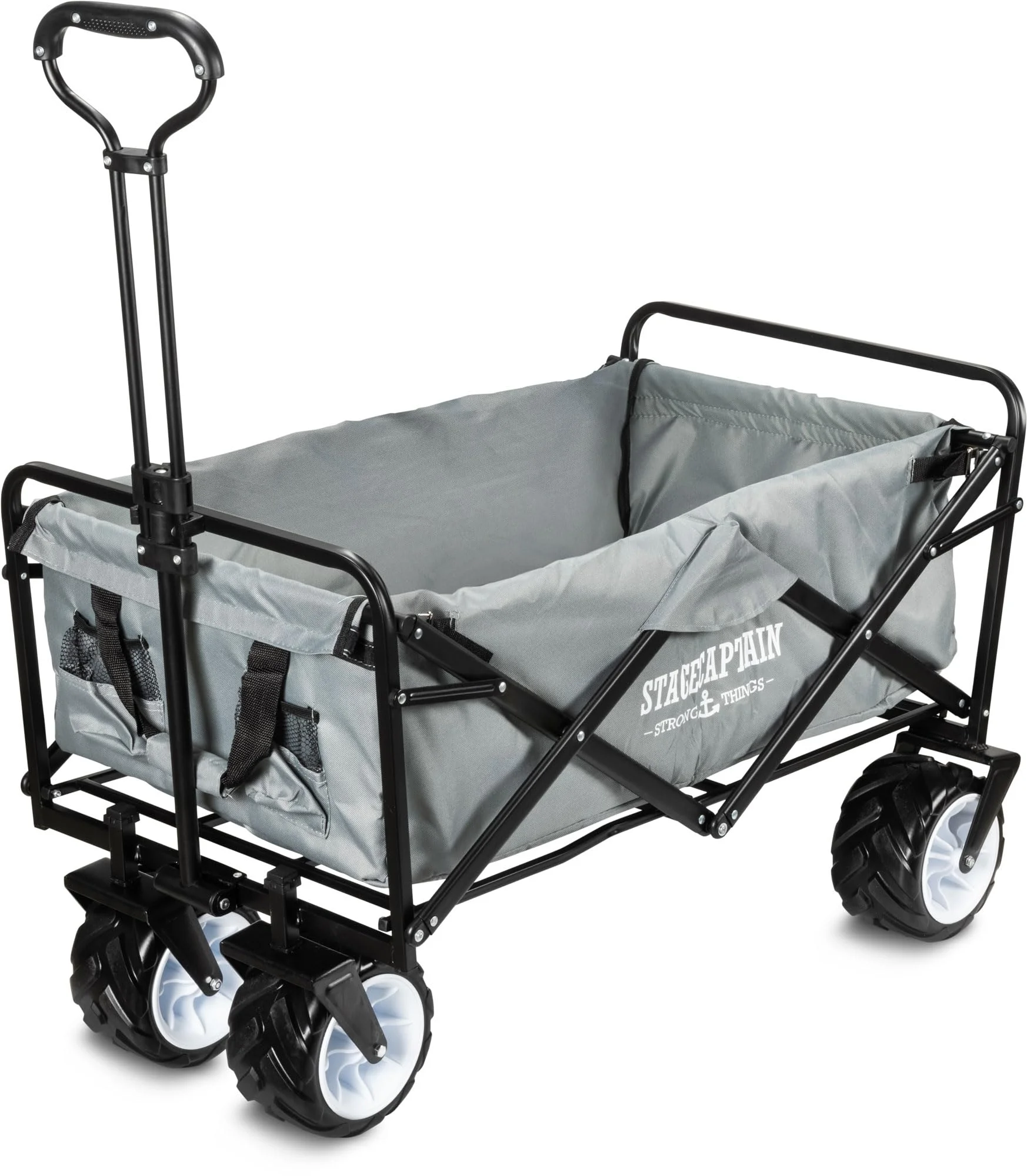 Stagecaptain Bollycart-907 GY Bollerwagen faltbar ohne Dach, Grau, 150 kg | Breite Reifen, 360 Grad Räder, Teleskopstange 52-77 cm, 2 Außentaschen, Polyester 600D x 300D