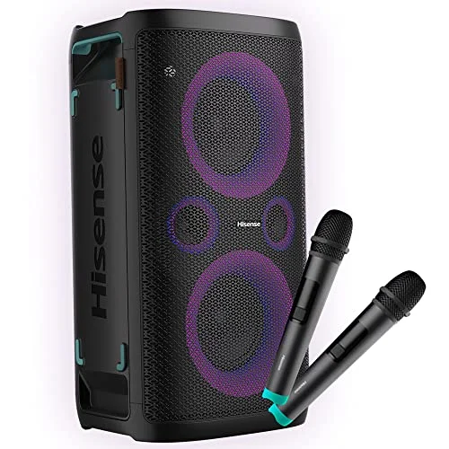 Hisense Party Storm 1, Tragbrer Party Lautsprecher mit Karaoke Modus inkl. 2 Mikrofone, 300 W Klangvolumen, DJ Effekte, mit kabeloser Handy-ladefunktion, 5 Lichteffekte, bis zu 15h Akkulaufzeit