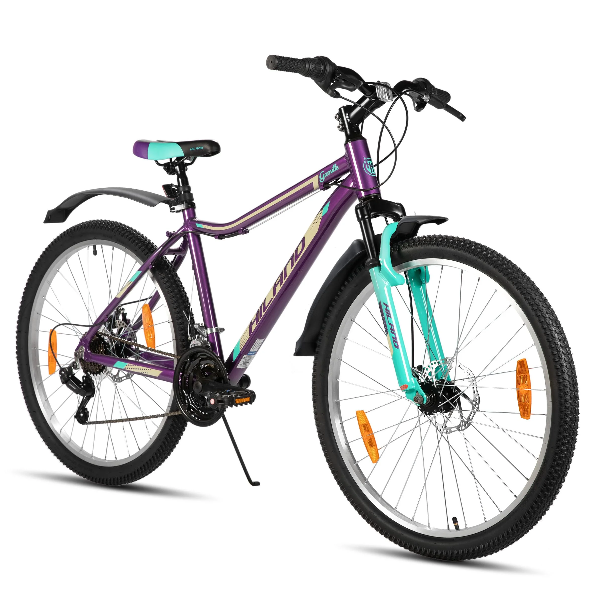 Hiland Damen Mountainbike 26/27,5 Zoll, Aluminium Rahmen 18 Gang MTB für Frauen, Damen und Mädchen Mountainbike mit Doppelscheibenbremse Federgabel, Mintgrün/Lila
