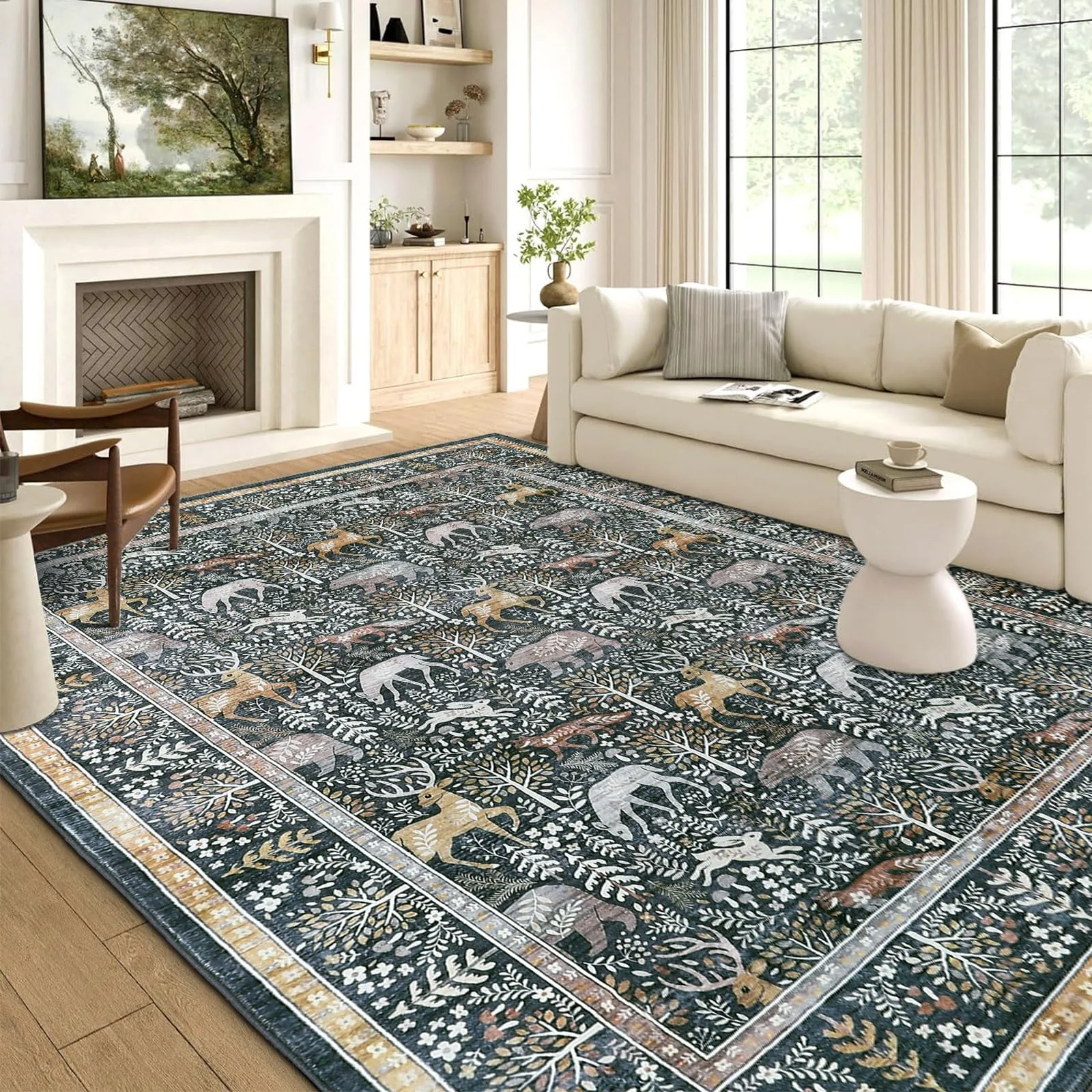 WONGS BEDDING Vintage Waschbar Teppich Boho Blumen Kurzflor 160x230cm,Tiere | Boho Orientalisch Teppich Floral rutschfest Weich Carpet für Wohnzimmer Schlafzimmer Büro Essenzimmer