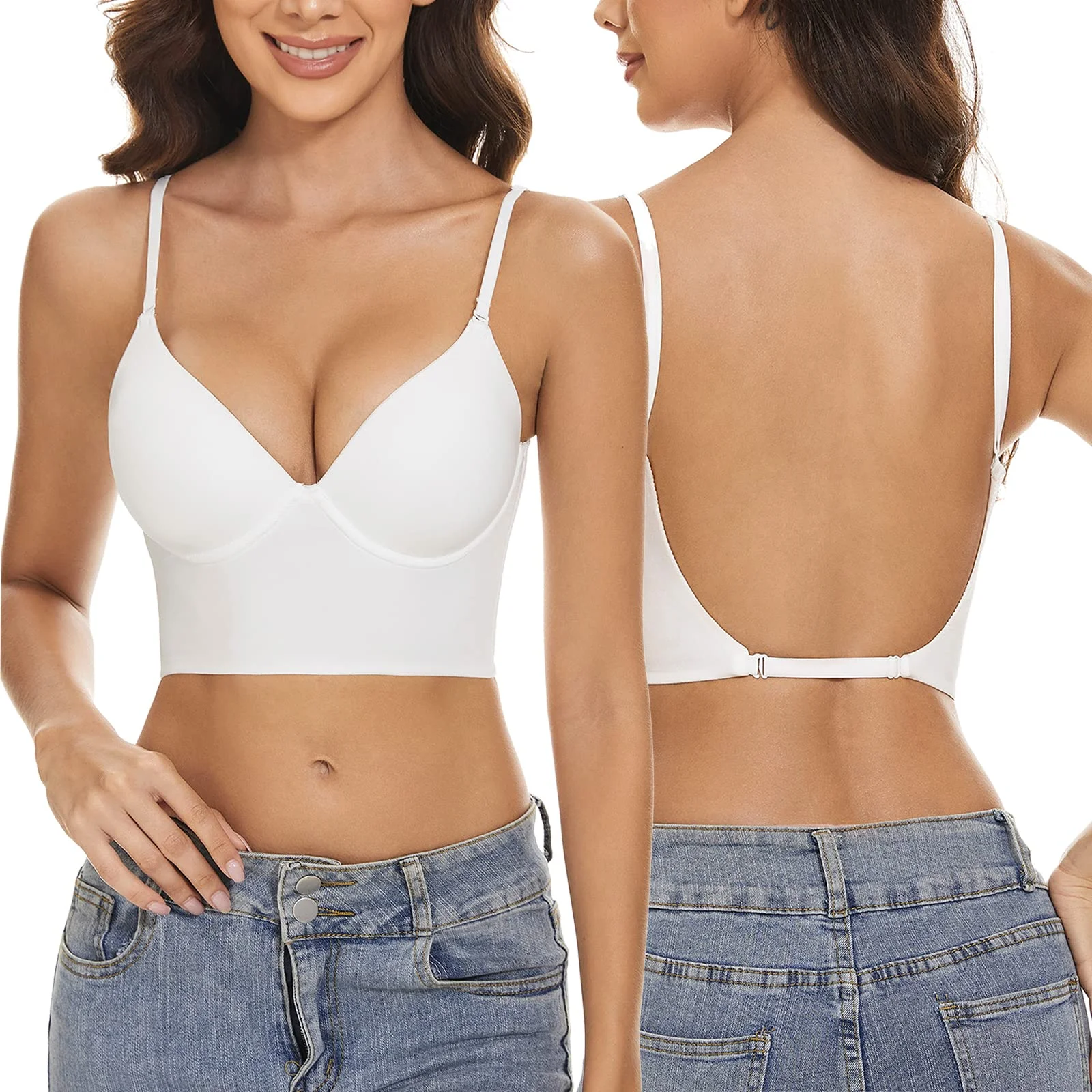 BH mit niedrigem Rücken für Frauen - Push-Up, tiefer V-Ausschnitt, Multiway-Träger, wandelbarer BH mit Draht-Hebe-Effekt