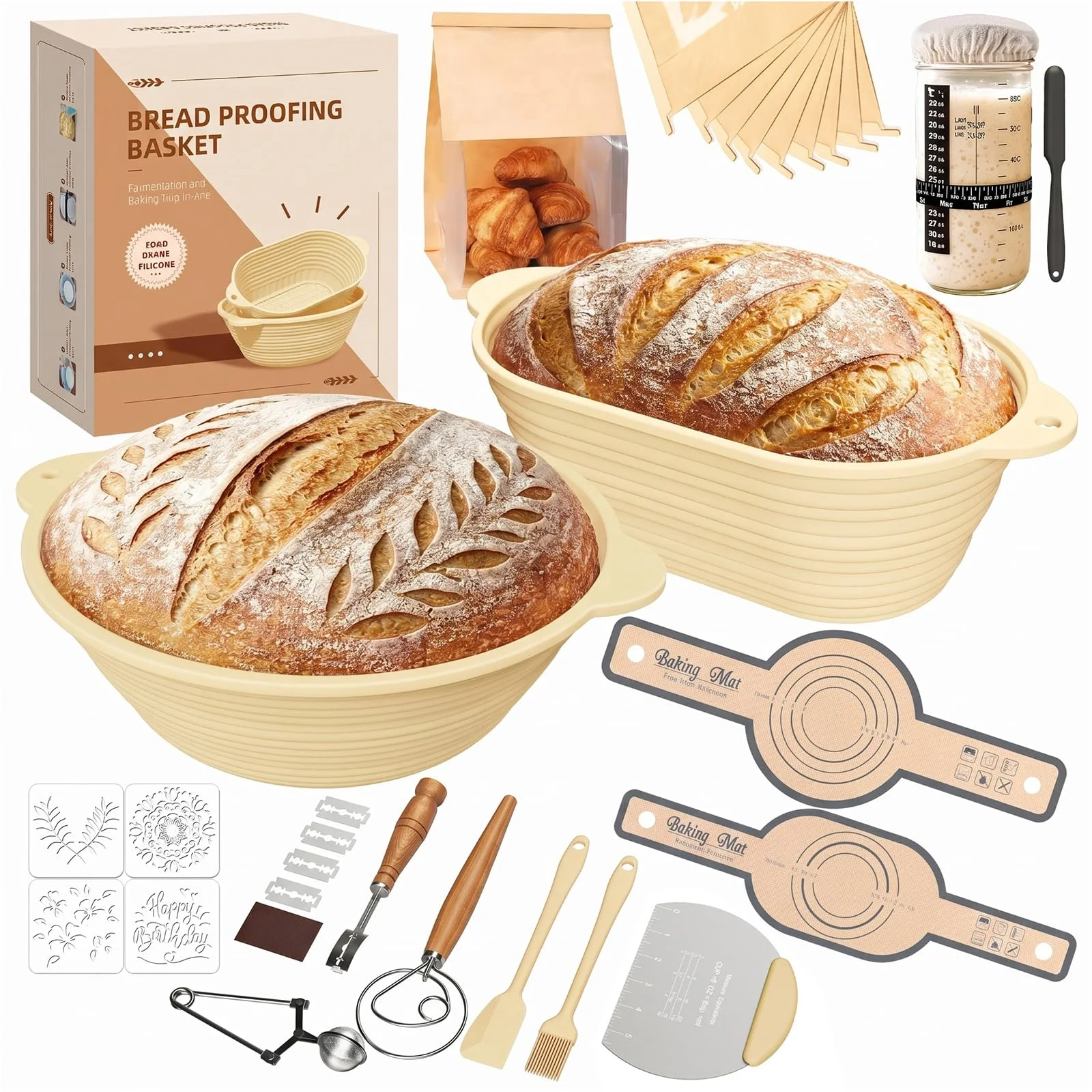 MQFORU Sauerteig Starter Set 30-Teilig, Gärkörbchen 29cm Oval & 28cm Runde | Beige Klappbare Silikon Gärkörbe, 730ML Sauerteig Glas Set, Komplettes Brotback Zubehör für Anfänger & erfahrene Bäcker
