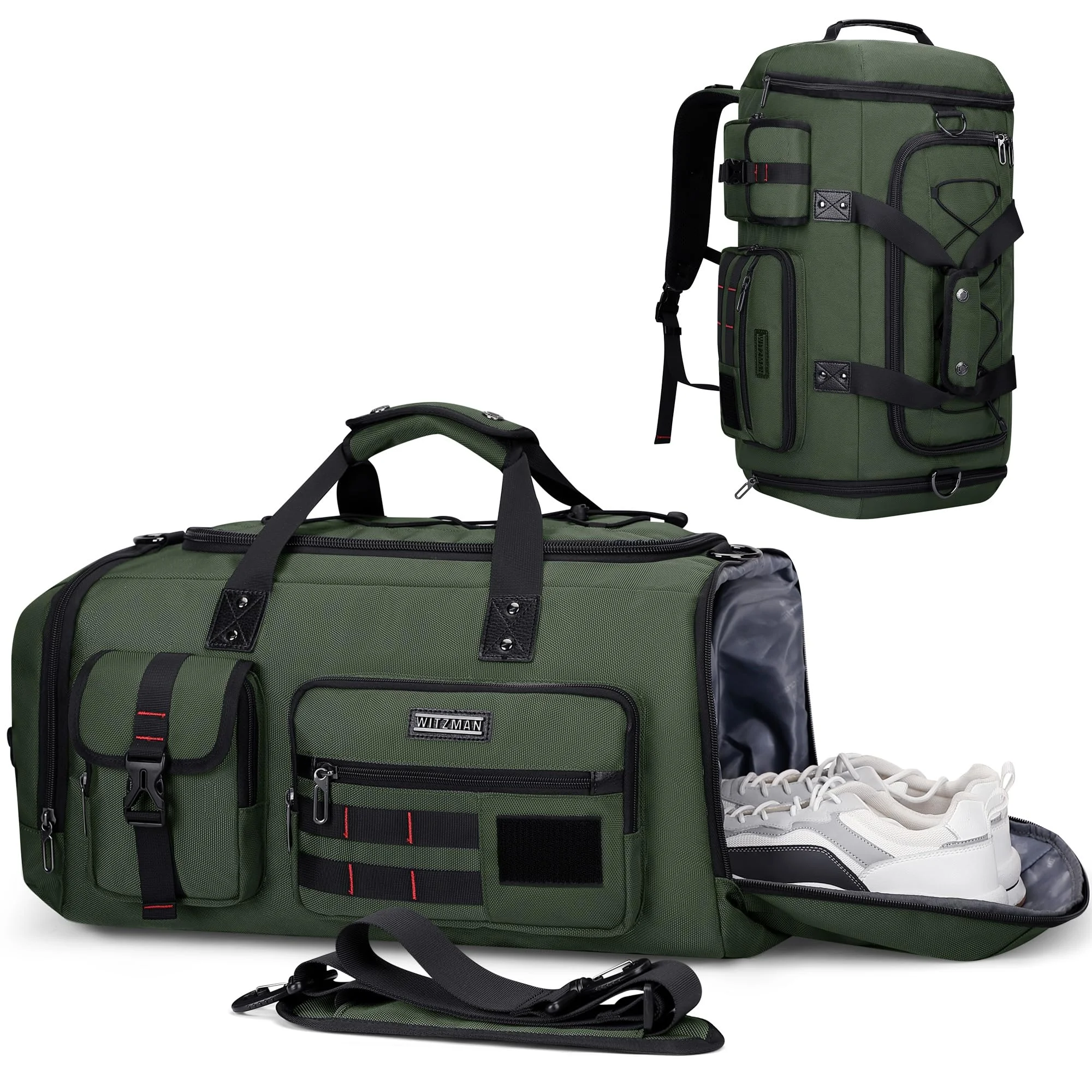 WITZMAN Reisetasche Herren 3-in-1 Konvertierbar 40L Sporttasche Rucksack | Nylon, Mehrere Taschen mit Schuhfach und Nass-Trennfach, Große Kapazität, Für Reisen, Sport, Weekender, B693 Armeegrün