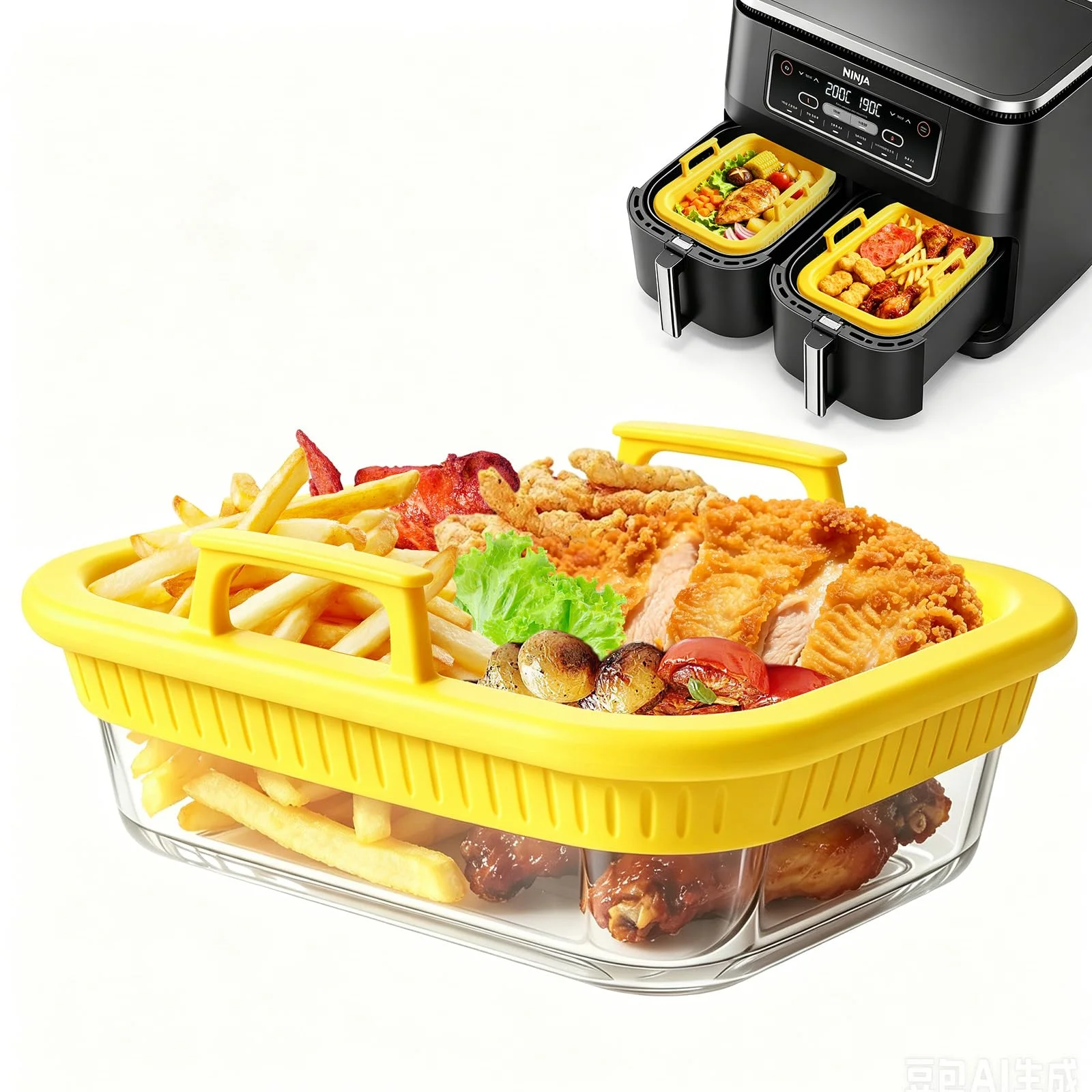 Glasform mit Silikongriffen für Airfryer Ninja Heißluftfritteuse Zubehör AF400EU/DZ400EU/AF500EU/COSORI, Hitzebeständig, Kraztfest, Herausnehmbarer, Spülmaschinenfest