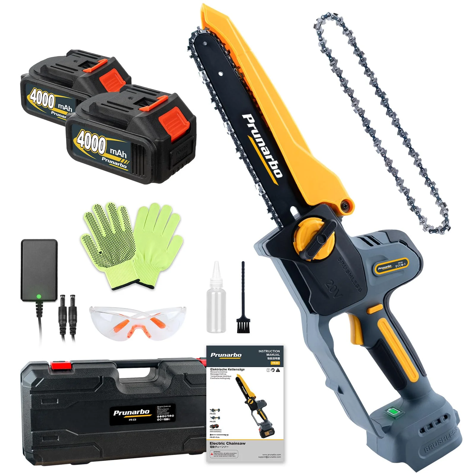 Prunarbo Akku Kettensäge 8 Zoll mit 2x 4.0Ah Akkus für Gartenpflege | 900W bürstenloser Motor, Kompatibel mit Verlängerungsstiel, Für Äste, Obstbäume und vielseitige Gartenarbeiten