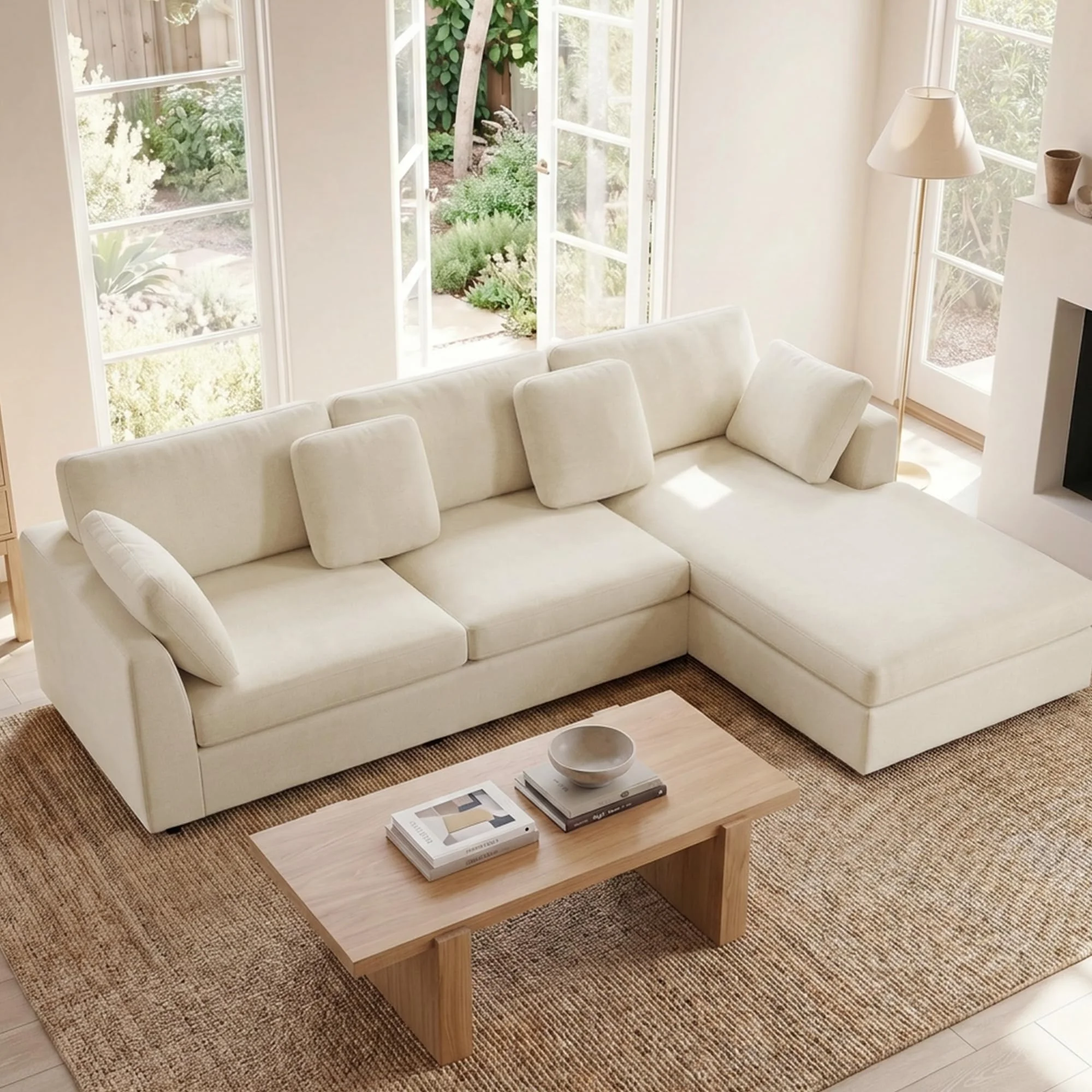 Kingfun 274cm Ecksofa Cream mit Schlaffunktion, 3 Sitzer L Form Eckcouch Chenille für Wohnzimmer & Schlafzimmer, L Form Big Sofa mit Veränderbare Chaiselongue für Büro & Apartment
