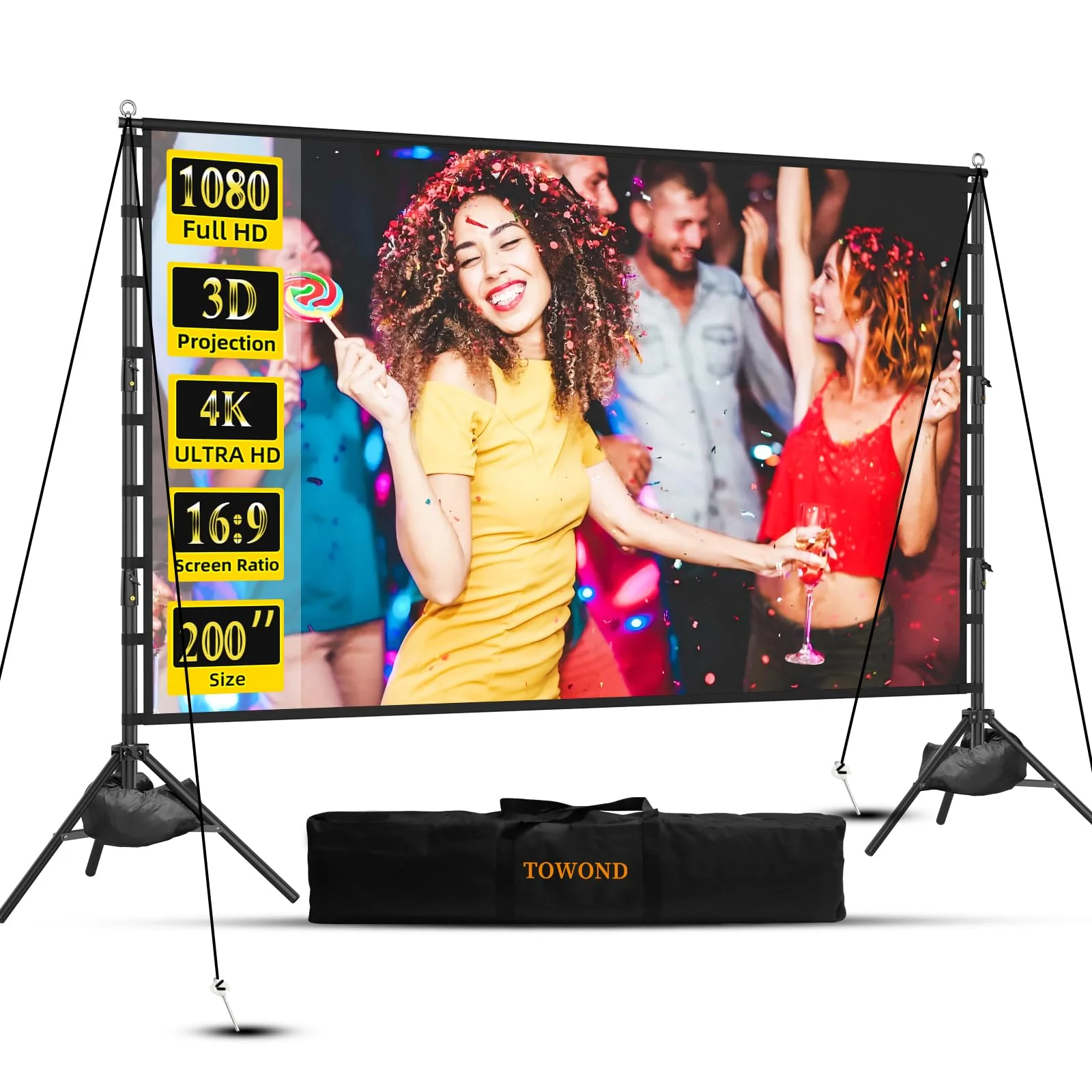TOWOND 200 Zoll Beamer Leinwand mit Stativ, Große Projektionsfläche | Leinwand für Beamer 160 Grad Betrachtungswinkel 16:9 HD Rear Front, Filmleinwand Outdoor Tragetasche für Party Theater Nächte
