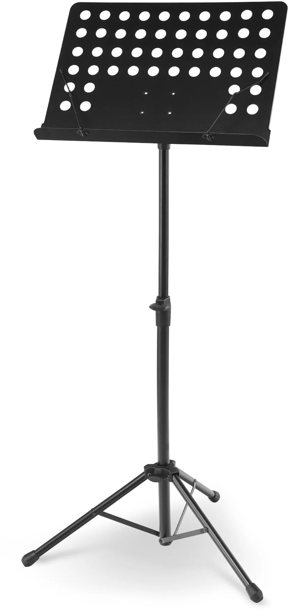 McGrey 11940 Orchesterpult Lochblech Notenständer - stabiler Metall-Ständer - Dreibein und höhenverstellbar von 69 cm bis 115 cm - mit Notenklemmen und abnehmbarer Ablage - Deluxe Notenpult Schwarz