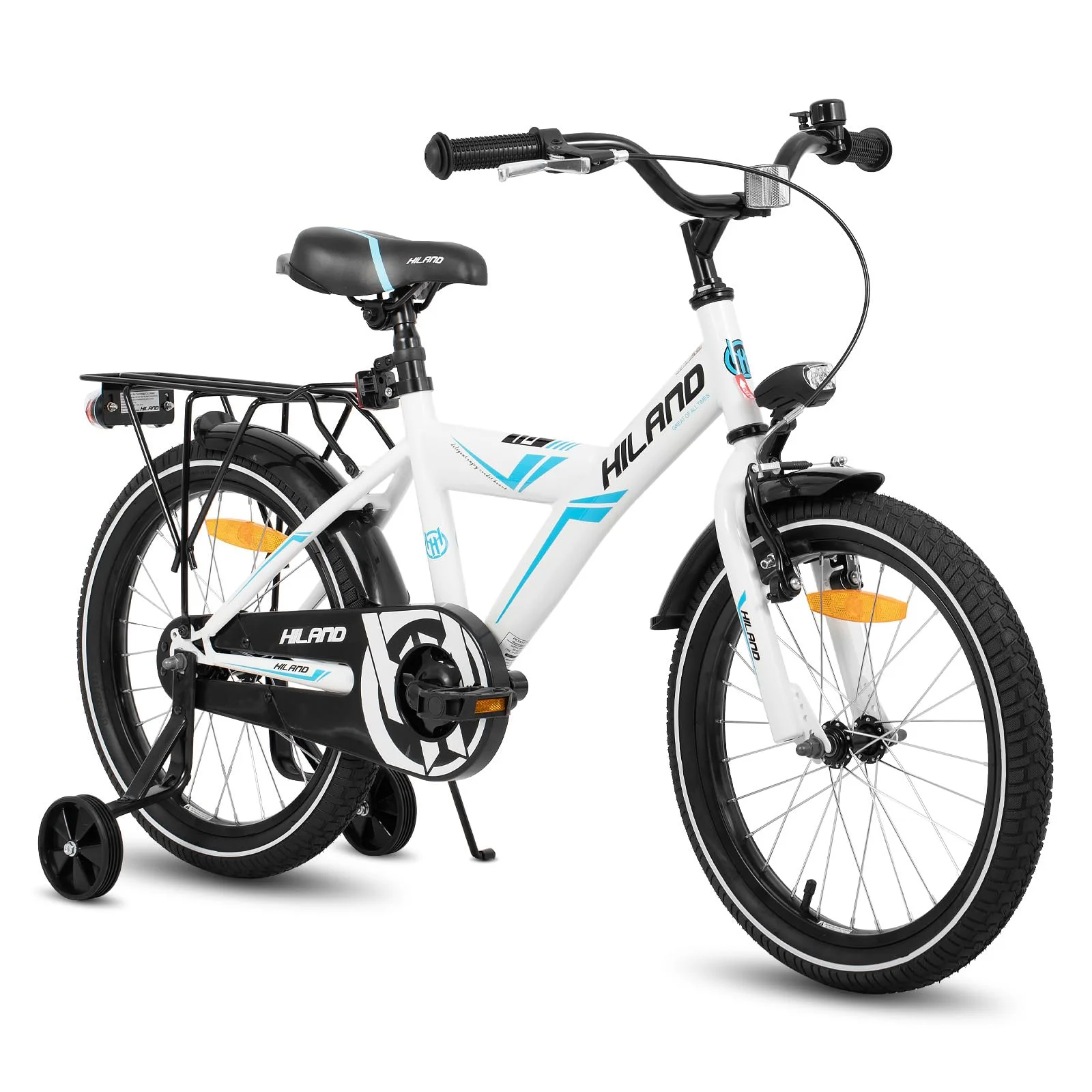 HILAND 16/18/20 Zoll Kinderfahrrad Mountainbike Kinder MTB für Jungen und Mädchen ab 4 5 6 7 8 9 Jahren Licht Gepäckträger Stützräder/Ständer, Schwarz/Weiß