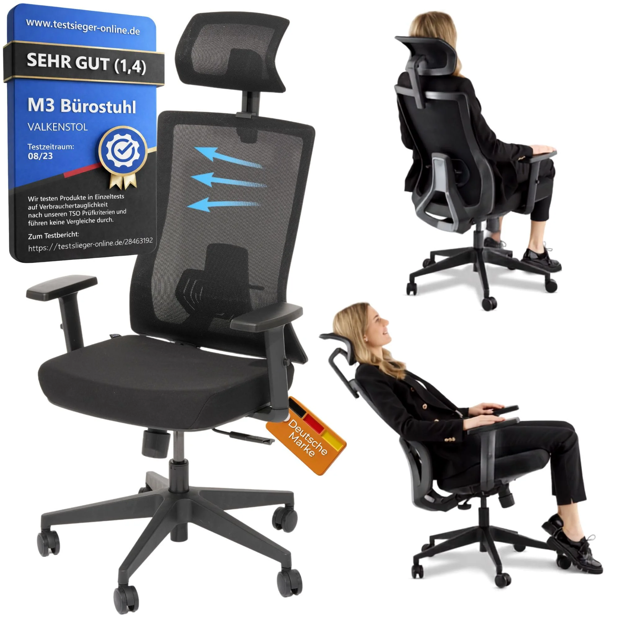VALKENSTOL M3 Bürostuhl Ergonomisch TESTSIEGER - Büro & Home Office Chair | Bürostühle Individuell einstellbar - Maximale Bewegungsfreiheit - Rückenfreundlicher Schreibtischstuhl mit Lendenwirbelstütze