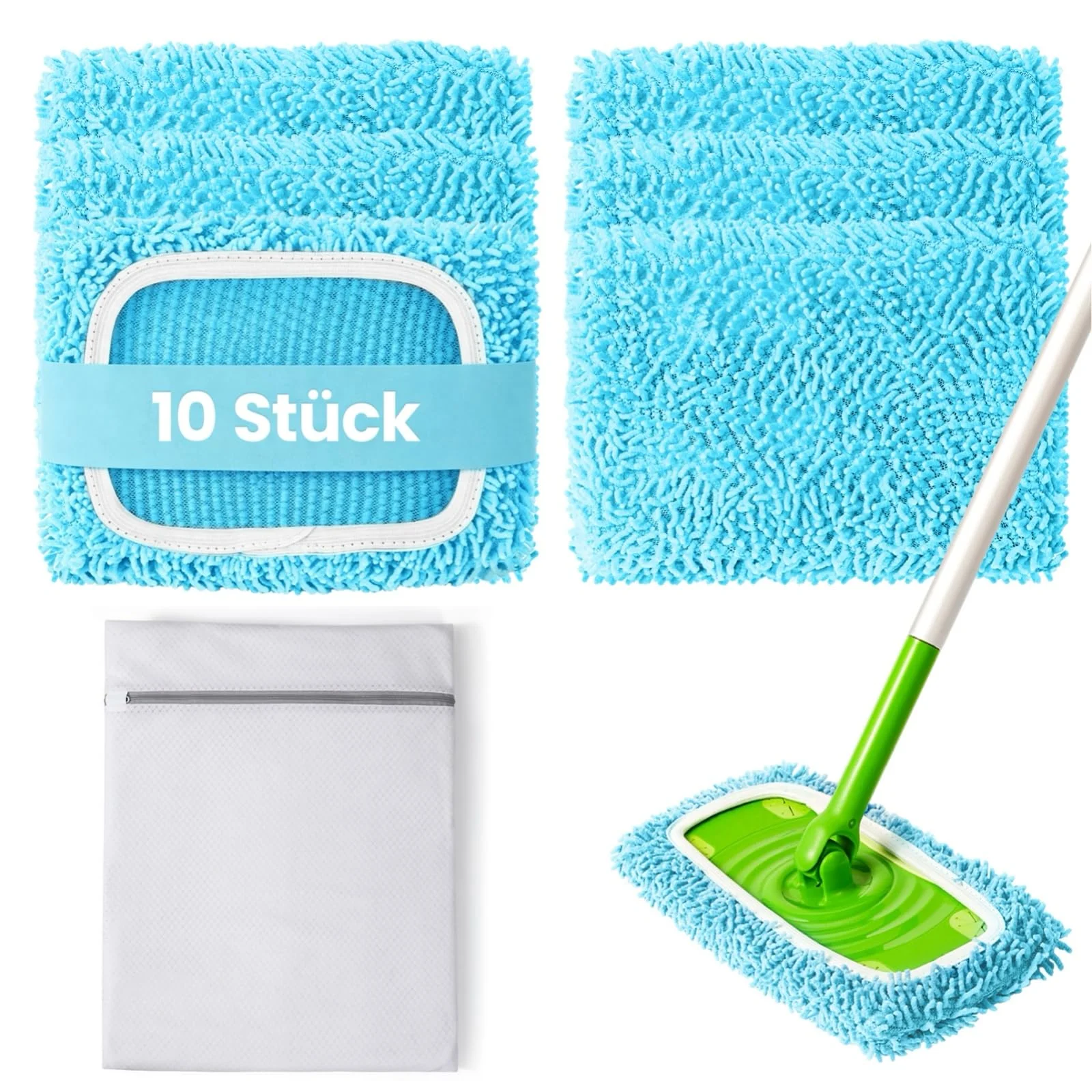 10 Stück Chenille Bodentücher für Swiffer Bodenwischer 11,5x26cm, waschbar | Nass & trocken, Mikrofaser, für Tierhaare, Staub, Laminat, Parkett, Fliesen, 10 Tücher + Wäschebeutel, nicht WetJet