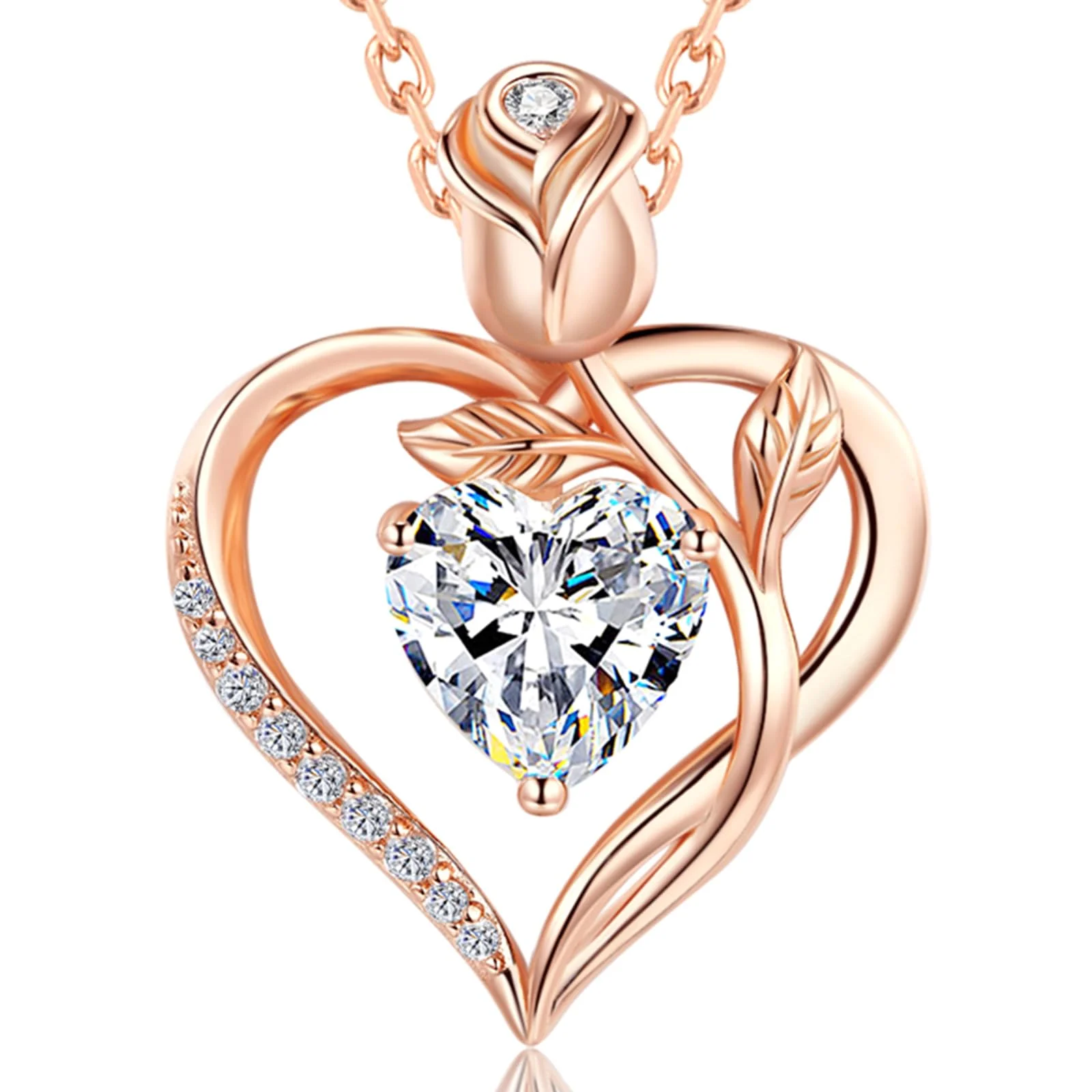 JACUPO Damen Geburtsstein Halskette 925er Silber, Herzrose Anhänger. | Verstellbare Kette mit I LOVE YOU, funkelnder Moissanit Schmuck, elegantes Geschenk für Geburtstag, Valentinstag , Jahrestag.
