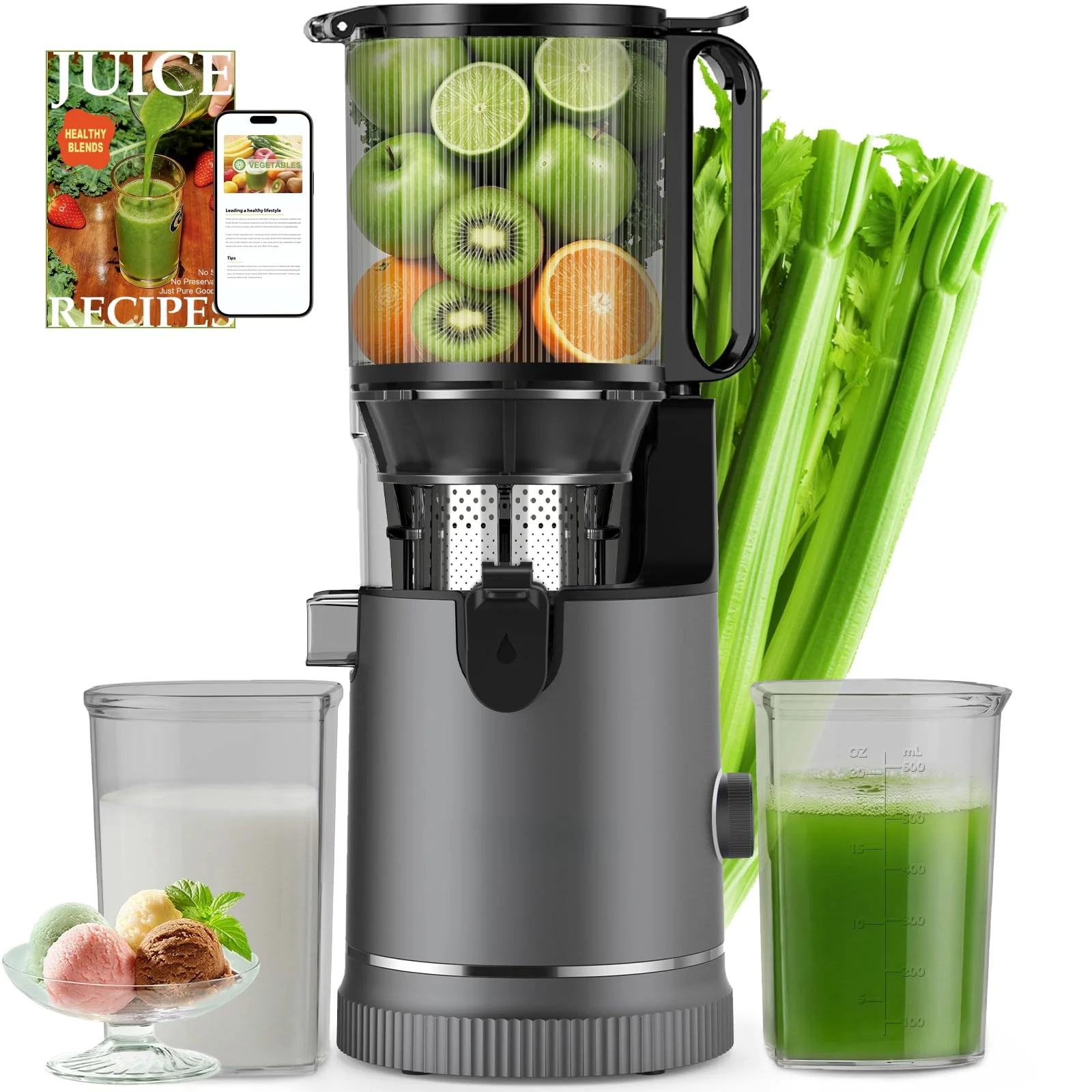 XTKKGFBIR SJ-065 Entsafter Slow Juicer, 400W, 152 mm XL-Einfüllschacht | Für ganze Früchte & Gemüse, hohe Saftausbeute, 3-in-1 Sieb für Saft, Sorbet & Nussmilch, BPA-frei, 1,8L, spülmaschinenfest