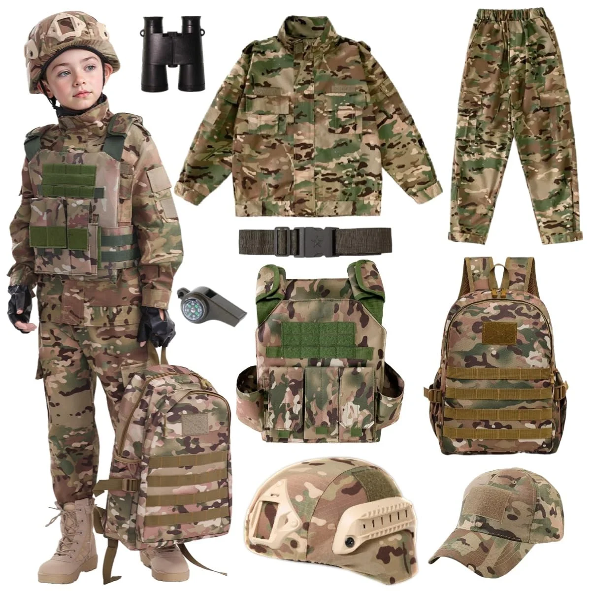 MELFZDM Kinder-Taktische Militärausrüstungsset für Rollenspiele, Soldaten-Tarnuniform inklusive Westen, Rucksack, Helm und Fernglas