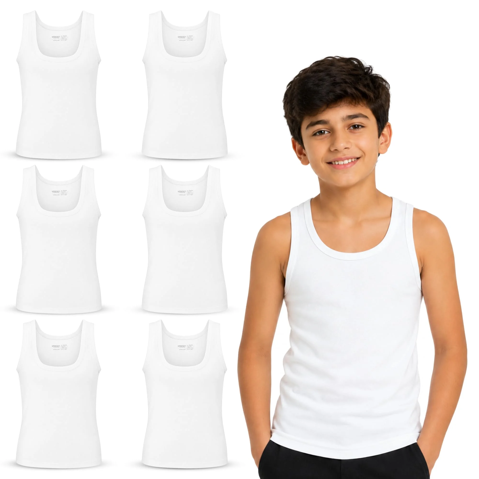 UNDEREA 6er Pack Jungen Unterhemden Tank Tops – Klassisch Feinripp aus 100% gekämmter Baumwolle für Schule Sport Alltag