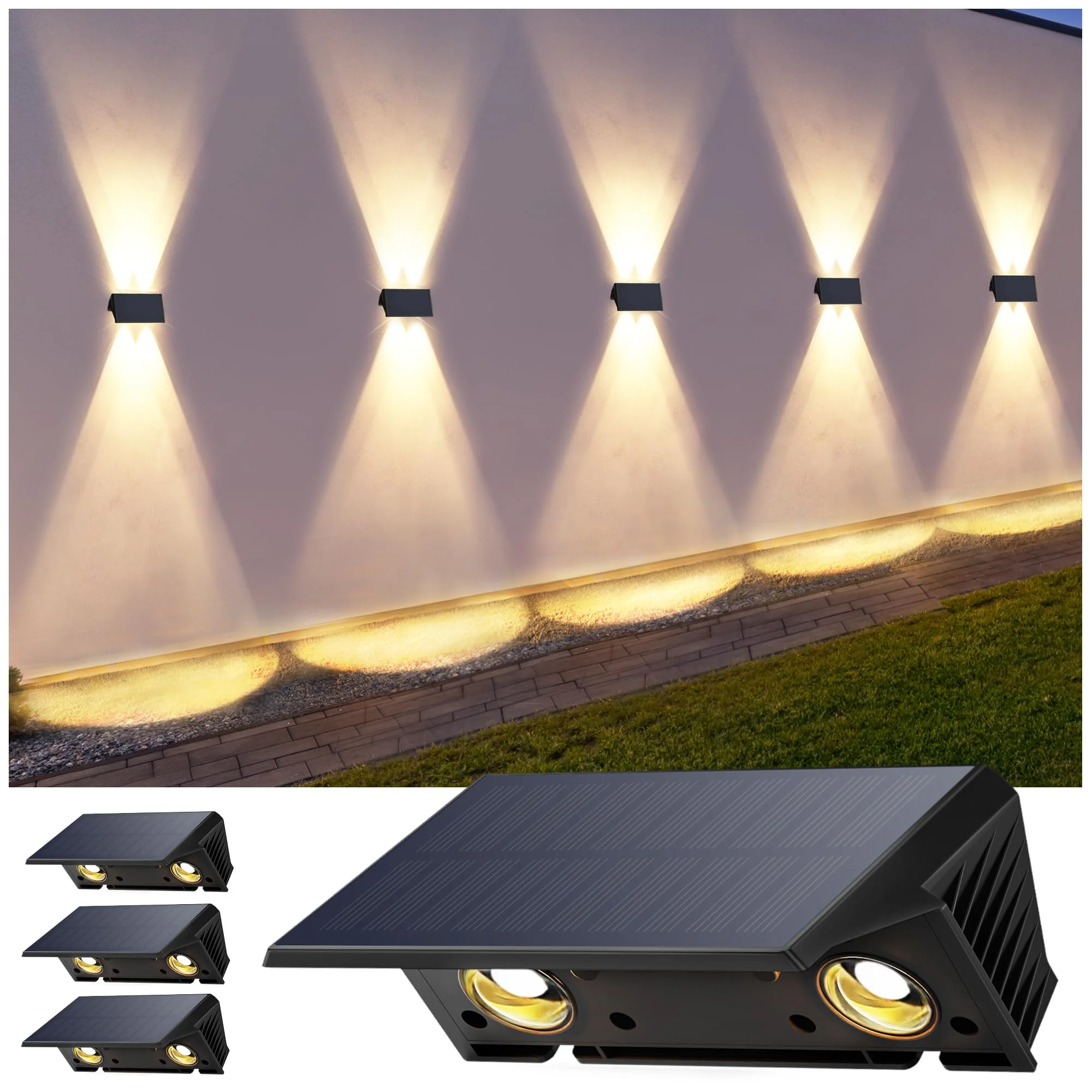 IIRARA wandleuchte solar außen solar wandleuchte aussen solarlampen Nach Oben und Unten Beleuchtet 4 LEDs IP67 Wasserdichte Solarleuchte für Garten Balkon Terrasse Treppen Warmweiß 4er