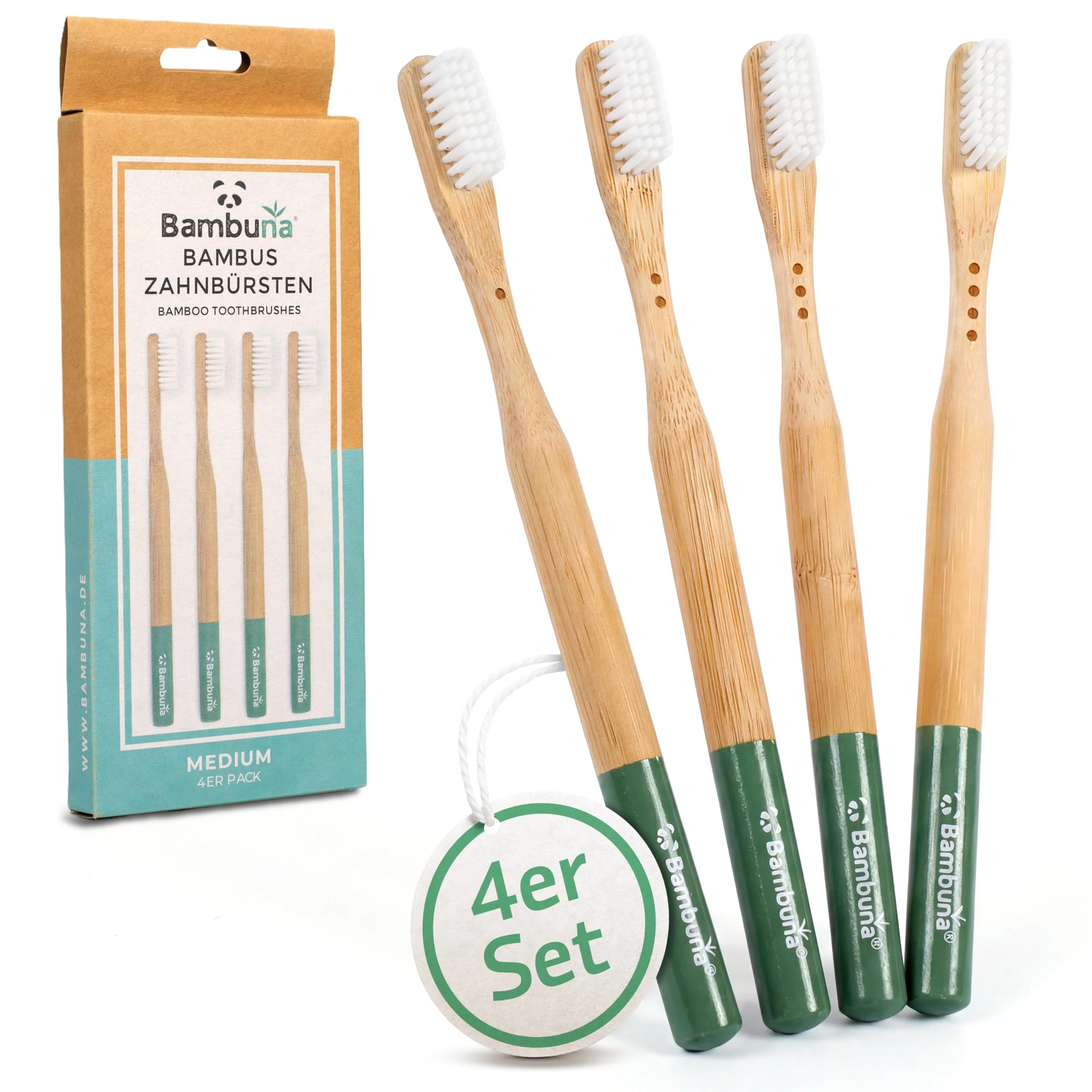 BAMBUNA 4er-Set vegane Zahnbürsten | plastikfrei | Bambus Zahnbüste mit Borsten aus Rizinusöl | mittelweich | Naturlack-Beschichtung | BPA-frei | Kennzeichnung am Griff | nachhaltige Handzahnbürsten