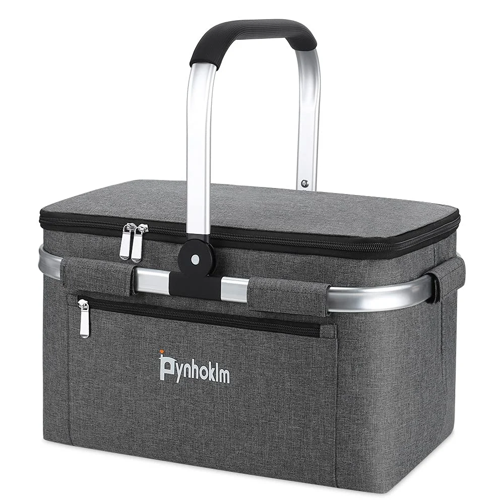 22L Kühlkorb Einkaufskorb mit Kühlfunktion Tragekorb Faltbar Picknickkorb mit Deckel Klappkorb Thermokorb Isoliertasche Faltbar Einkaufstasche mit Alurahmen-für Reisen/Picknick/Einkaufen